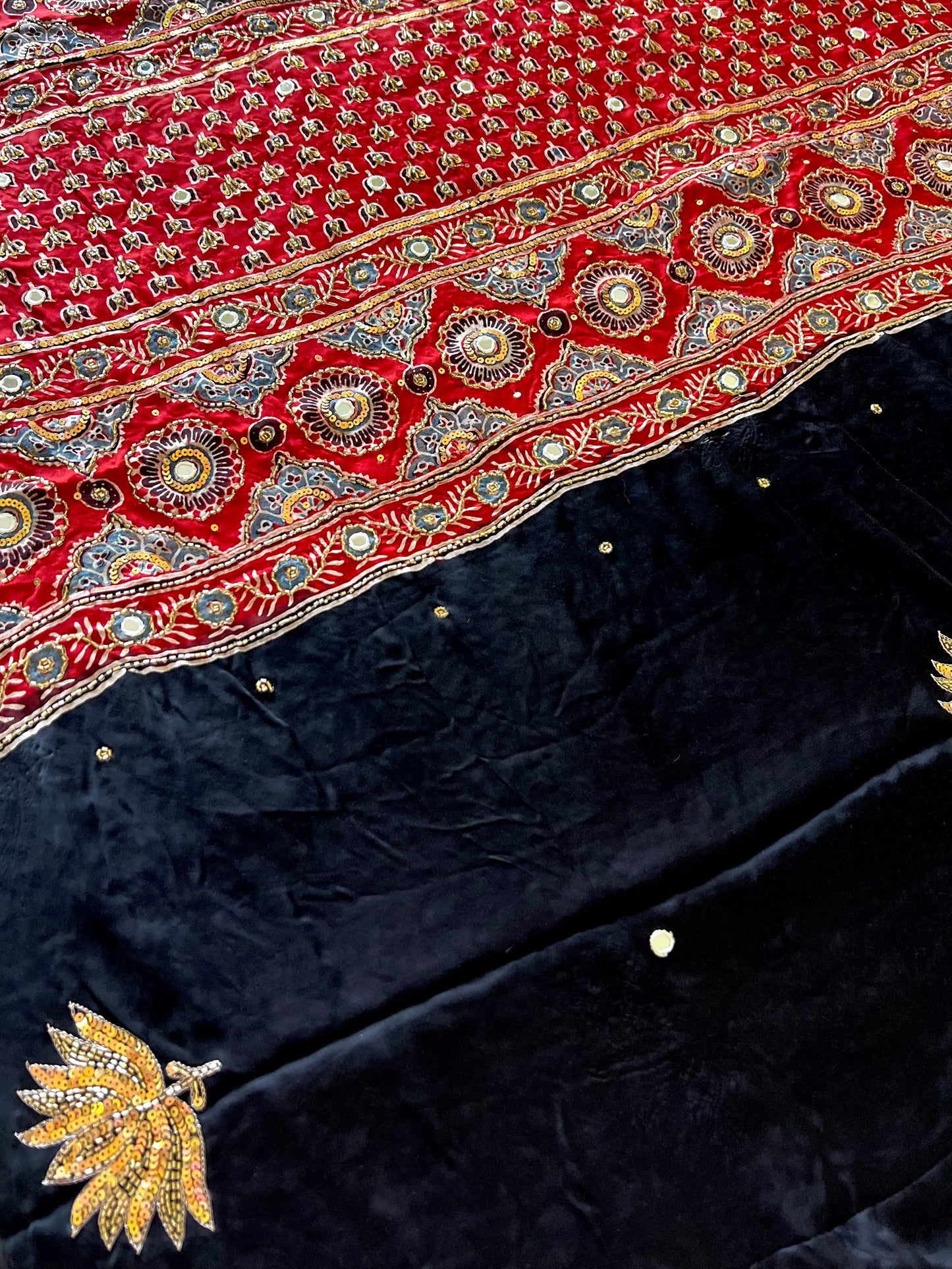 EBONY LOTUS - Pure Modal Ajrakh Hand Embroidered Saree