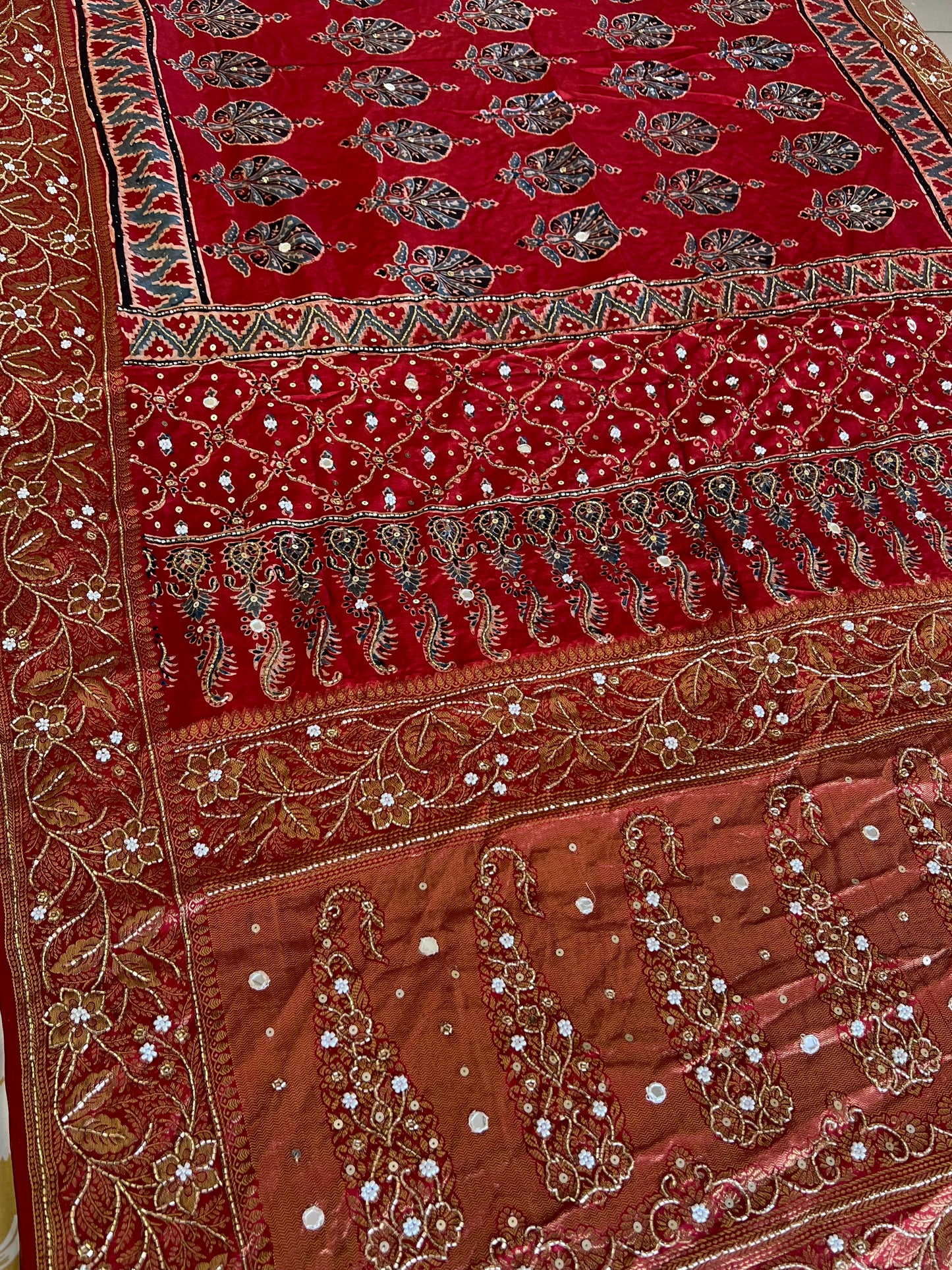 VERMILLION WHISPER - Pure Dola Ajrakh Hand Embroidered Saree