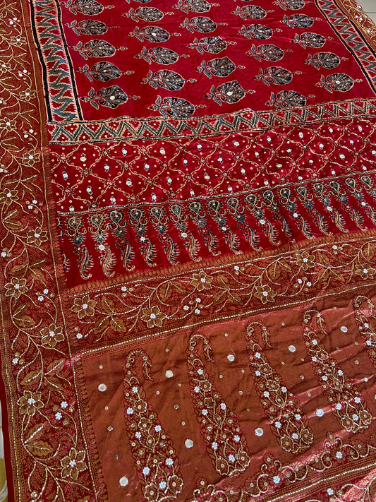 VERMILLION WHISPER - Pure Dola Ajrakh Hand Embroidered Saree