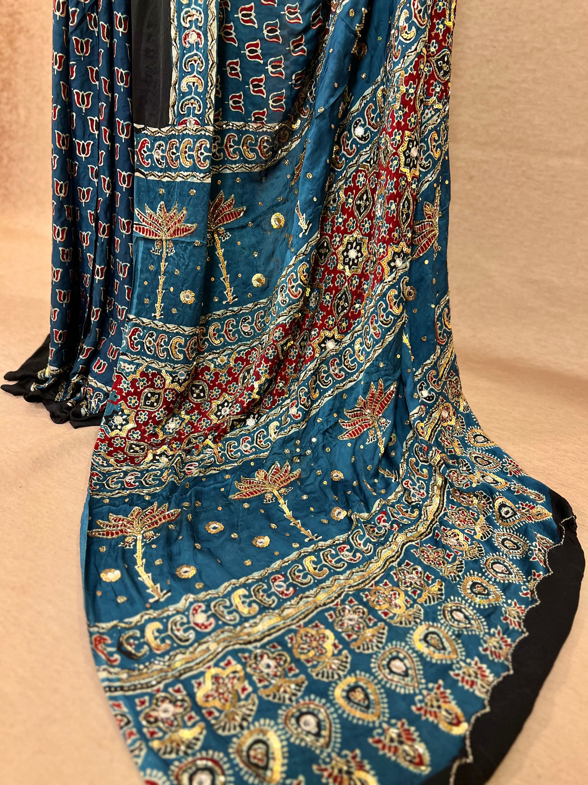 DIVINE SPARKLE - Pure Modal Ajrakh Hand Embroidered Saree