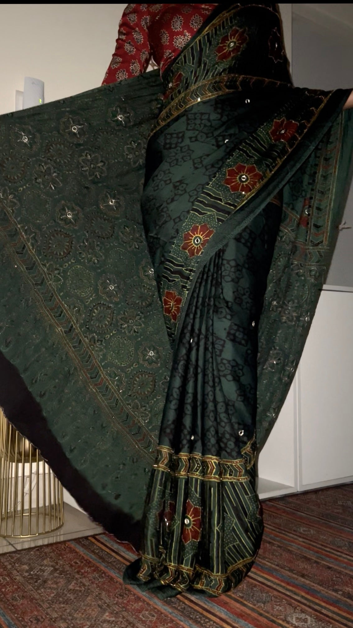 FOREST MIST - Pure Modal Ajrakh Hand Embroidered Saree