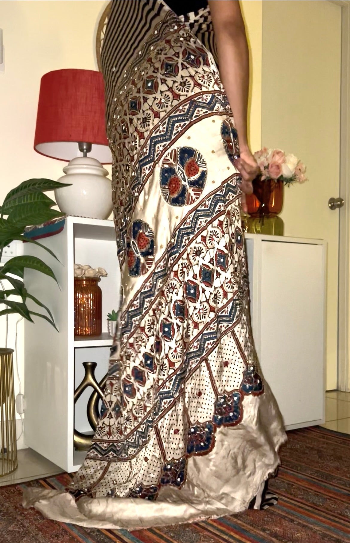 ROYAL IVORY - Pure Modal Ajrakh Hand Embroidered Saree