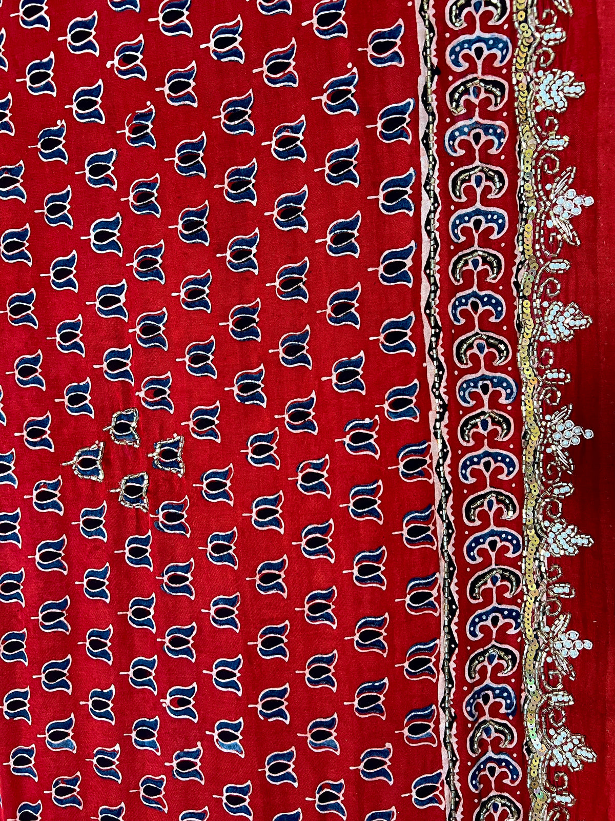 CRIMSON BLOSSOM - Pure Modal Ajrakh Hand Embroidered Saree