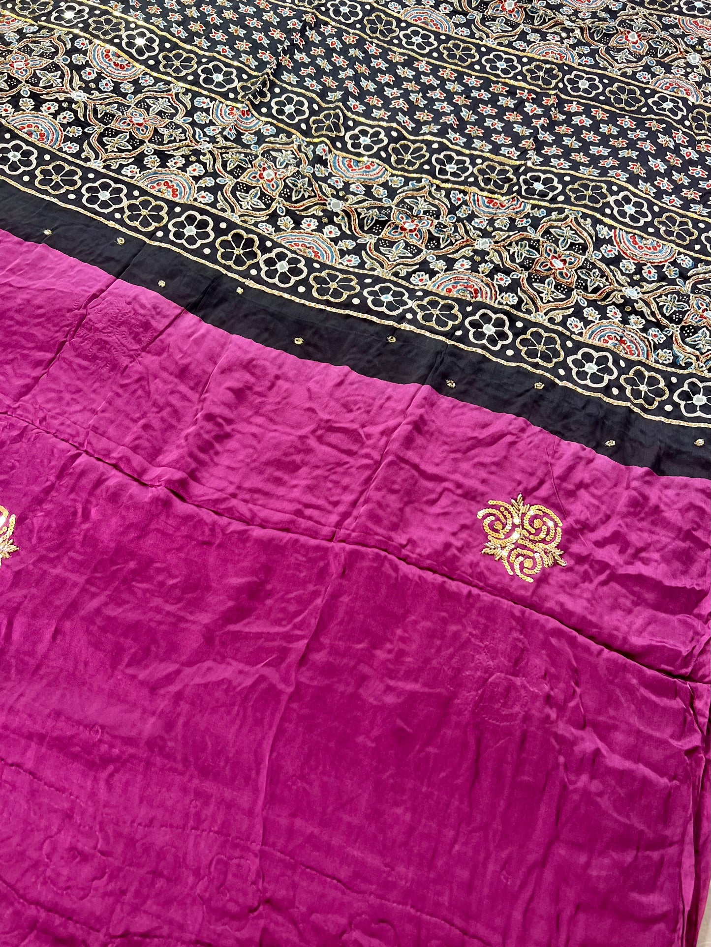 PLUM ROSE - Pure Modal Ajrakh Hand Embroidered Saree