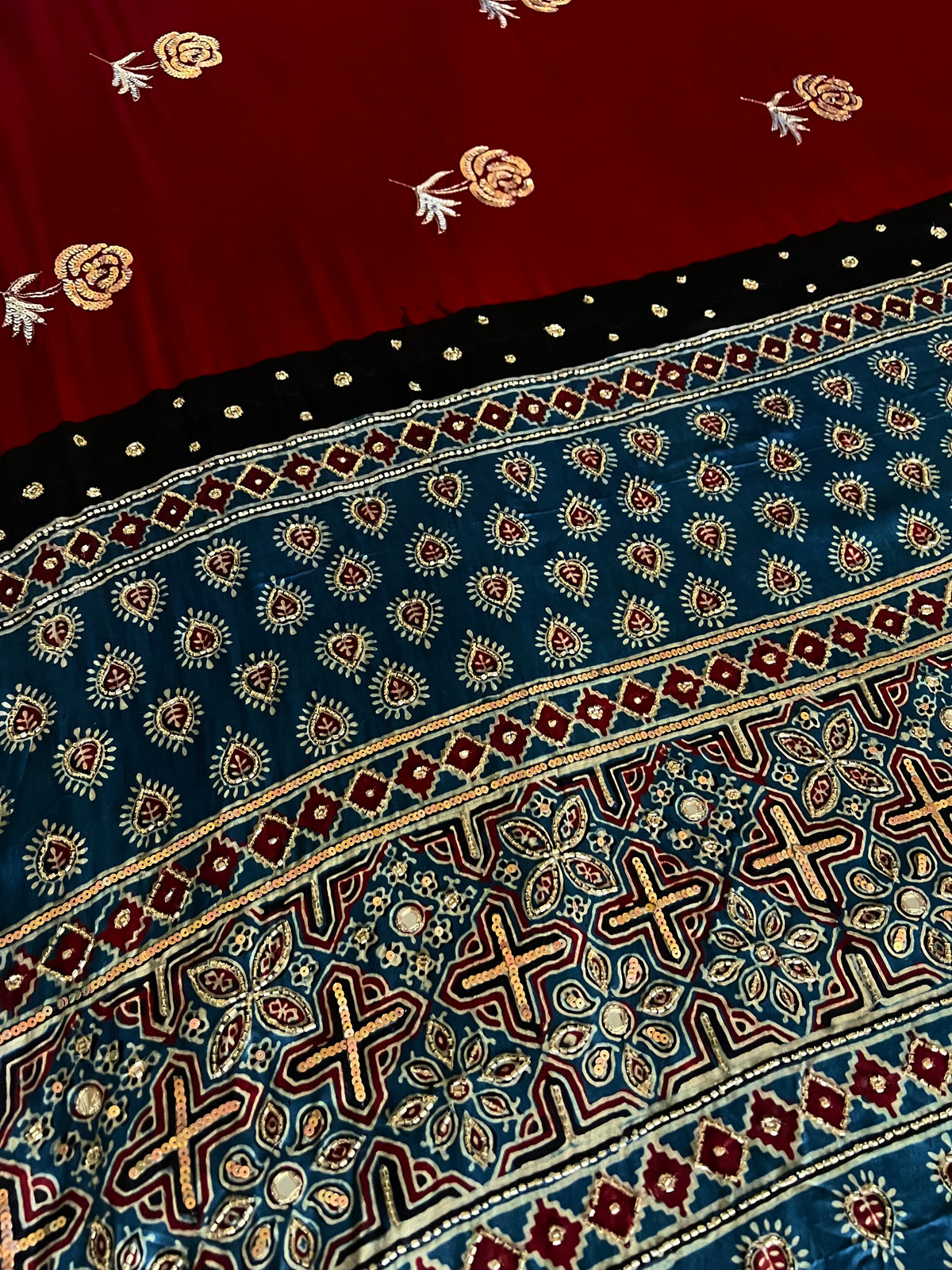 DESIRE ROSE - Pure Modal Ajrakh Hand Embroidered Saree