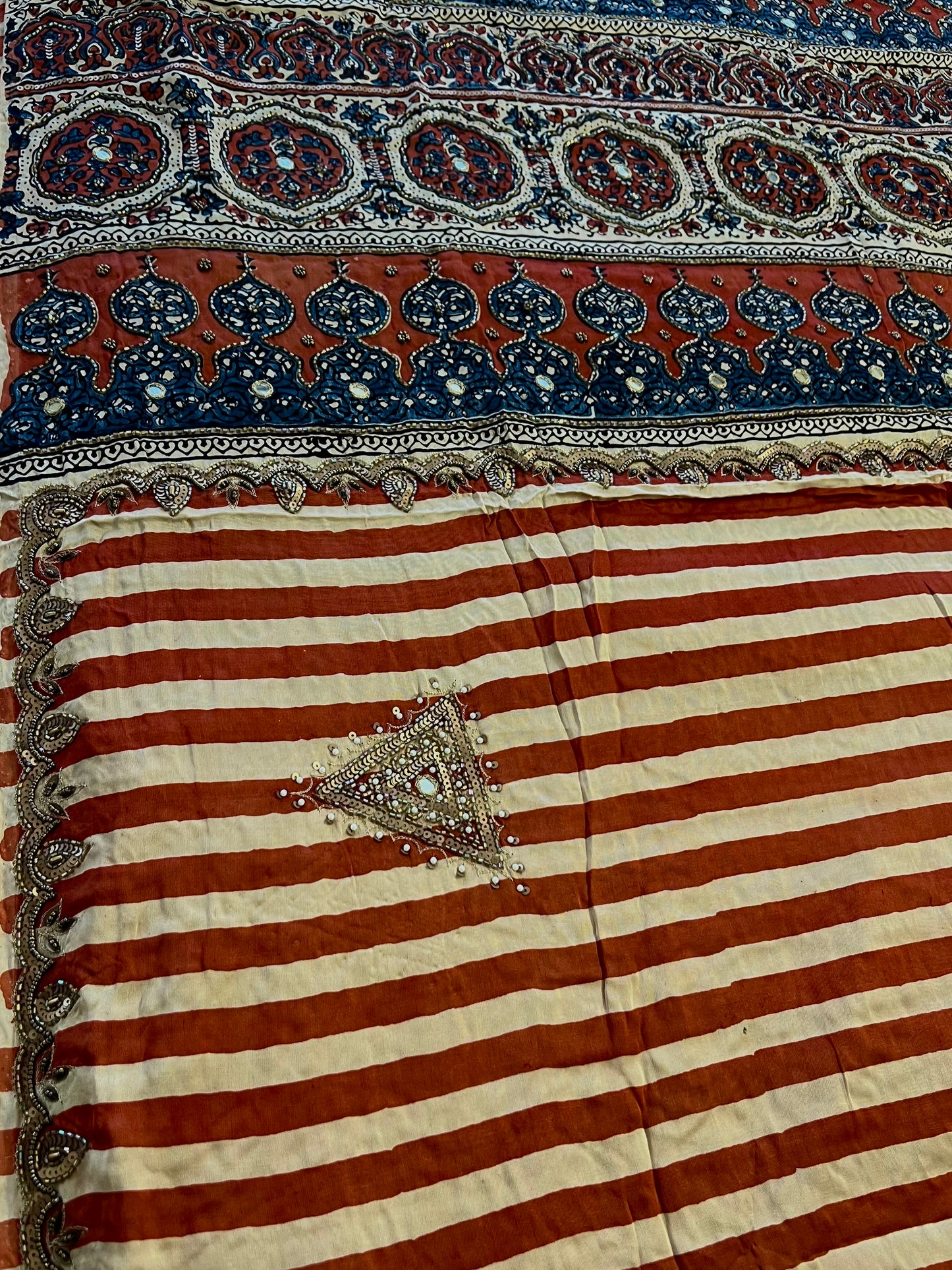 IMPERIAL STRIPES - Pure Modal Ajrakh Hand Embroidered Saree