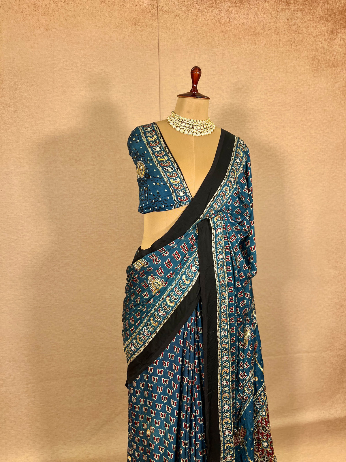 DIVINE SPARKLE - Pure Modal Ajrakh Hand Embroidered Saree