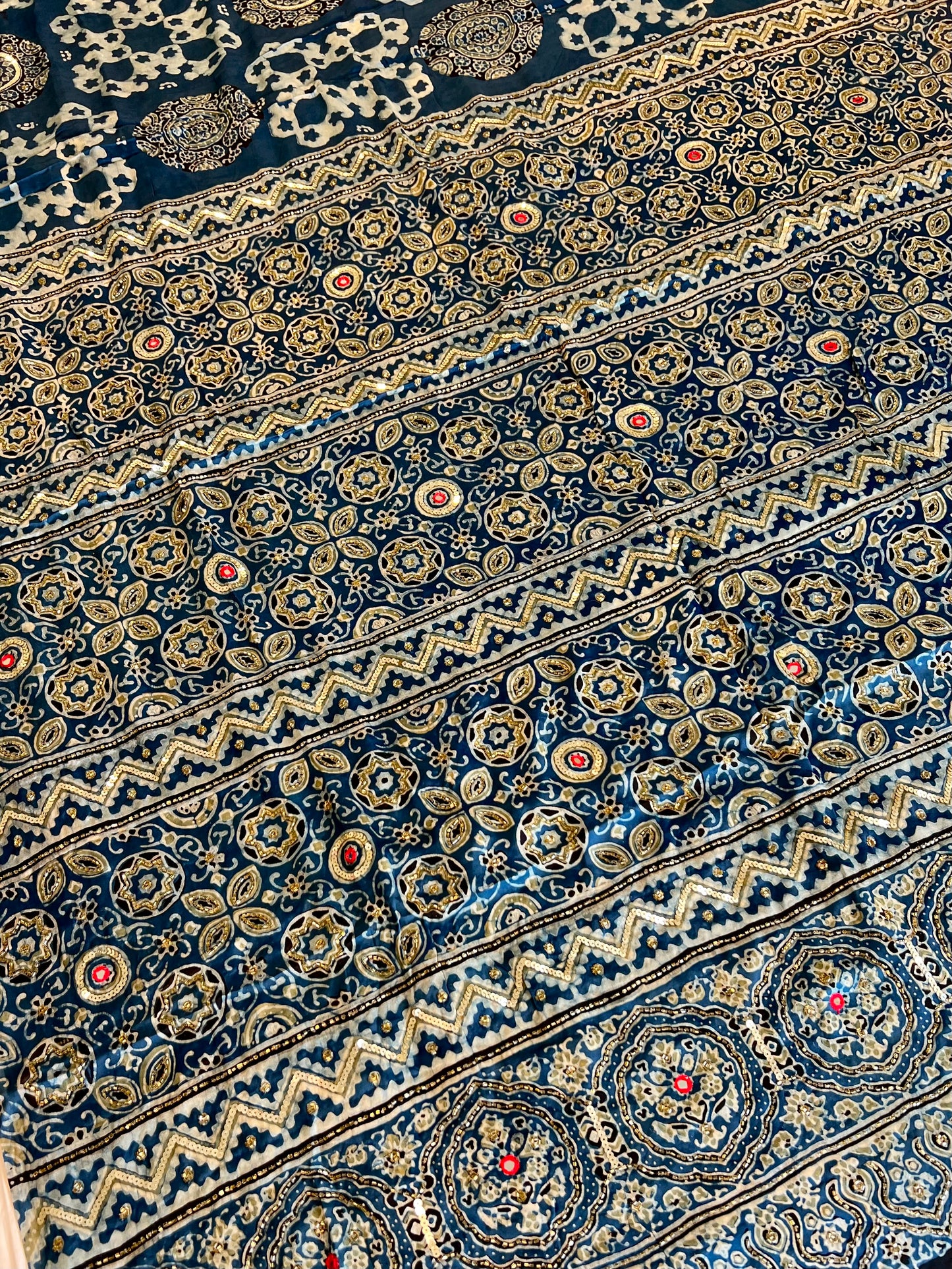 INDIGO LUMIÈRE - Pure Modal Ajrakh Hand Embroidered Saree