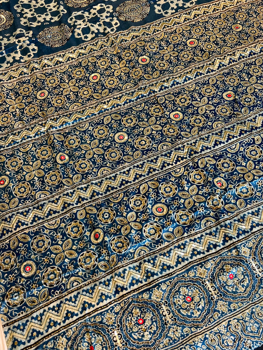 INDIGO LUMIÈRE - Pure Modal Ajrakh Hand Embroidered Saree