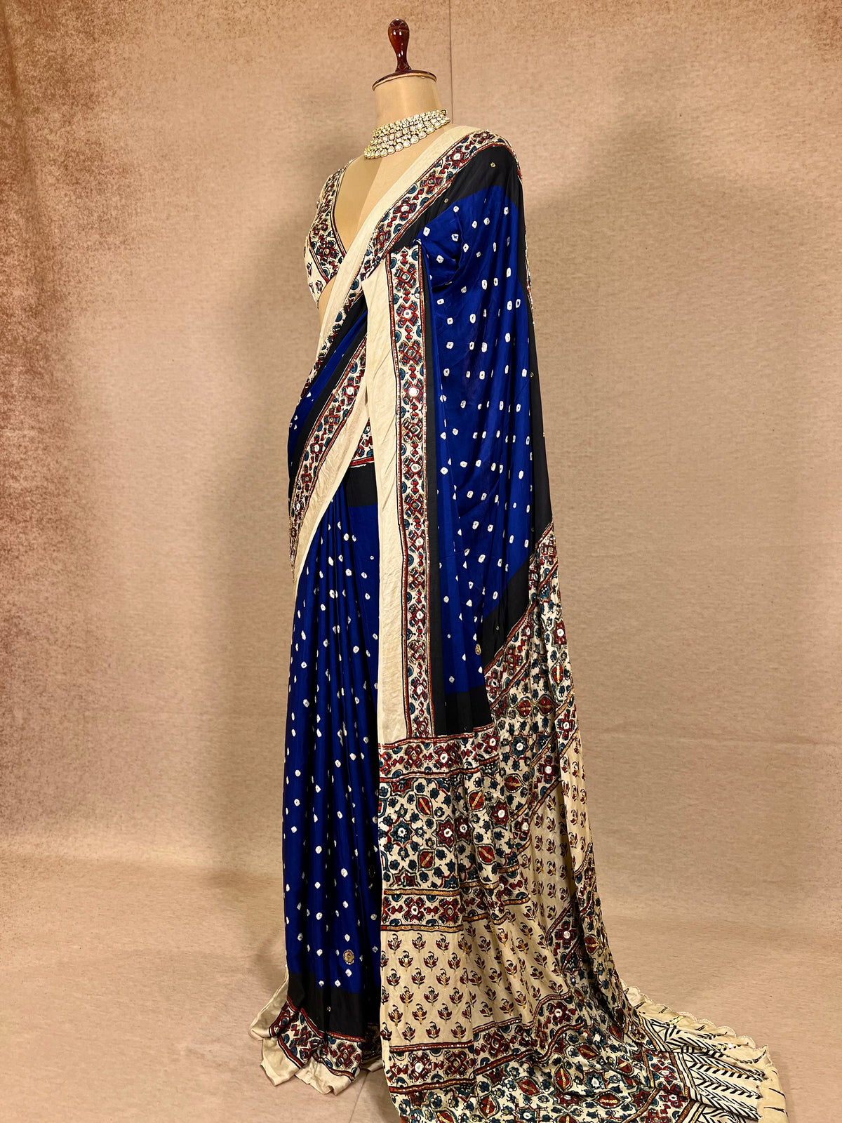 BLUE ROYALTY - Pure Modal Bandhani Ajrakh Hand Embroidered Saree
