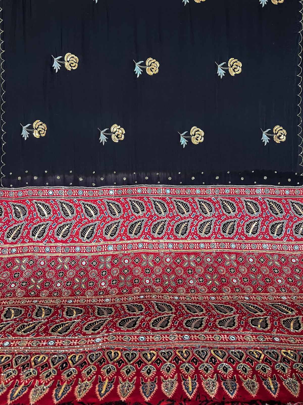 COAL ROSE - Pure Modal Ajrakh Hand Embroidered Saree