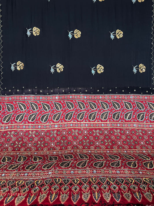 COAL ROSE - Pure Modal Ajrakh Hand Embroidered Saree