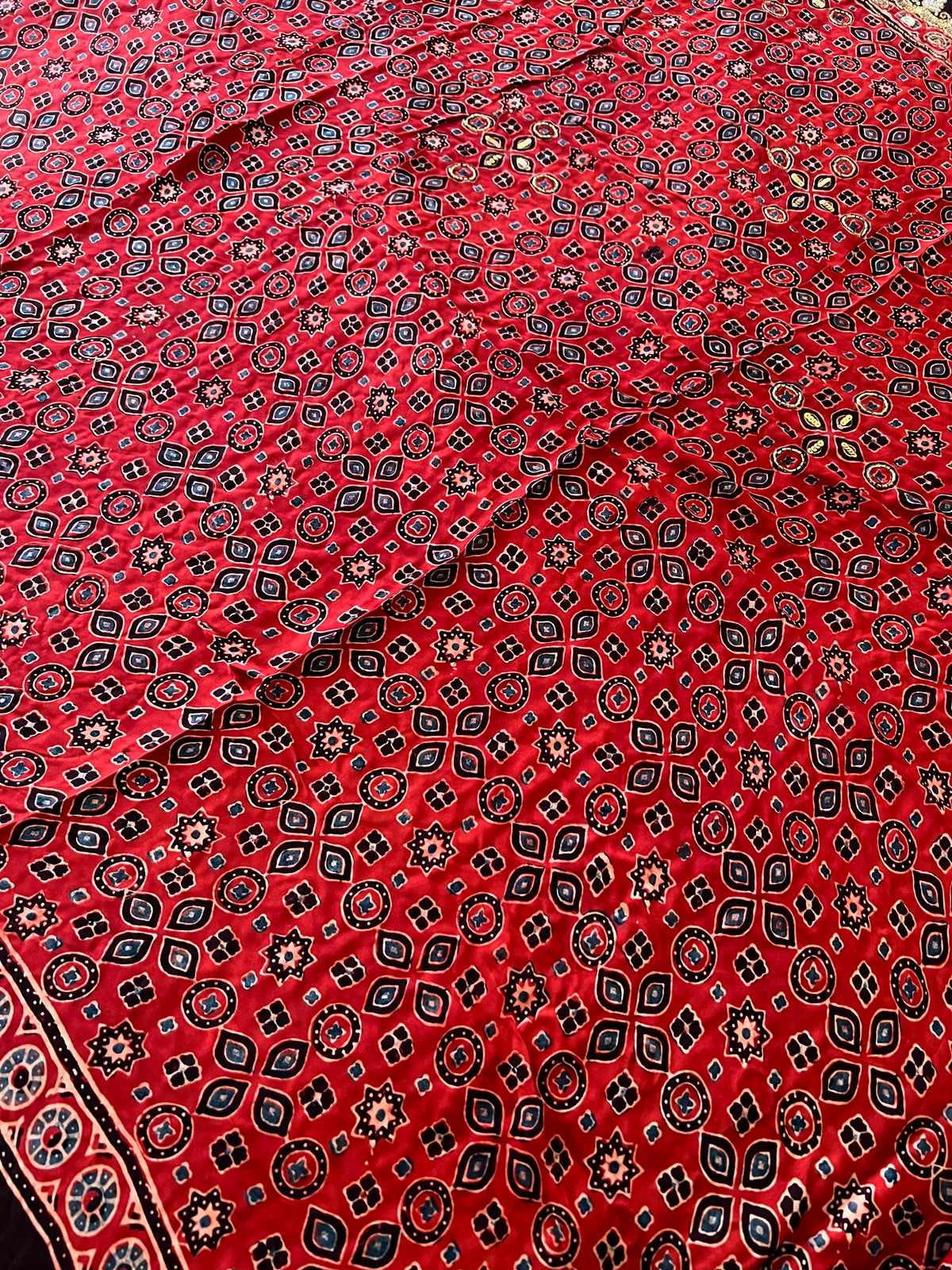 CRIMSON STARDUST - Pure Modal Ajrakh Hand Embroidered Saree