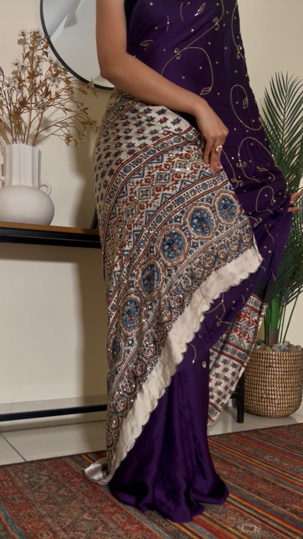 MOONLIT AMETHYST - Pure Modal Ajrakh Hand Embroidered Saree