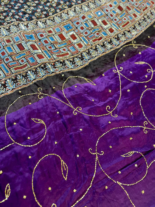 MIDNIGHT AMETHYST - Pure Modal Ajrakh Hand Embroidered Saree