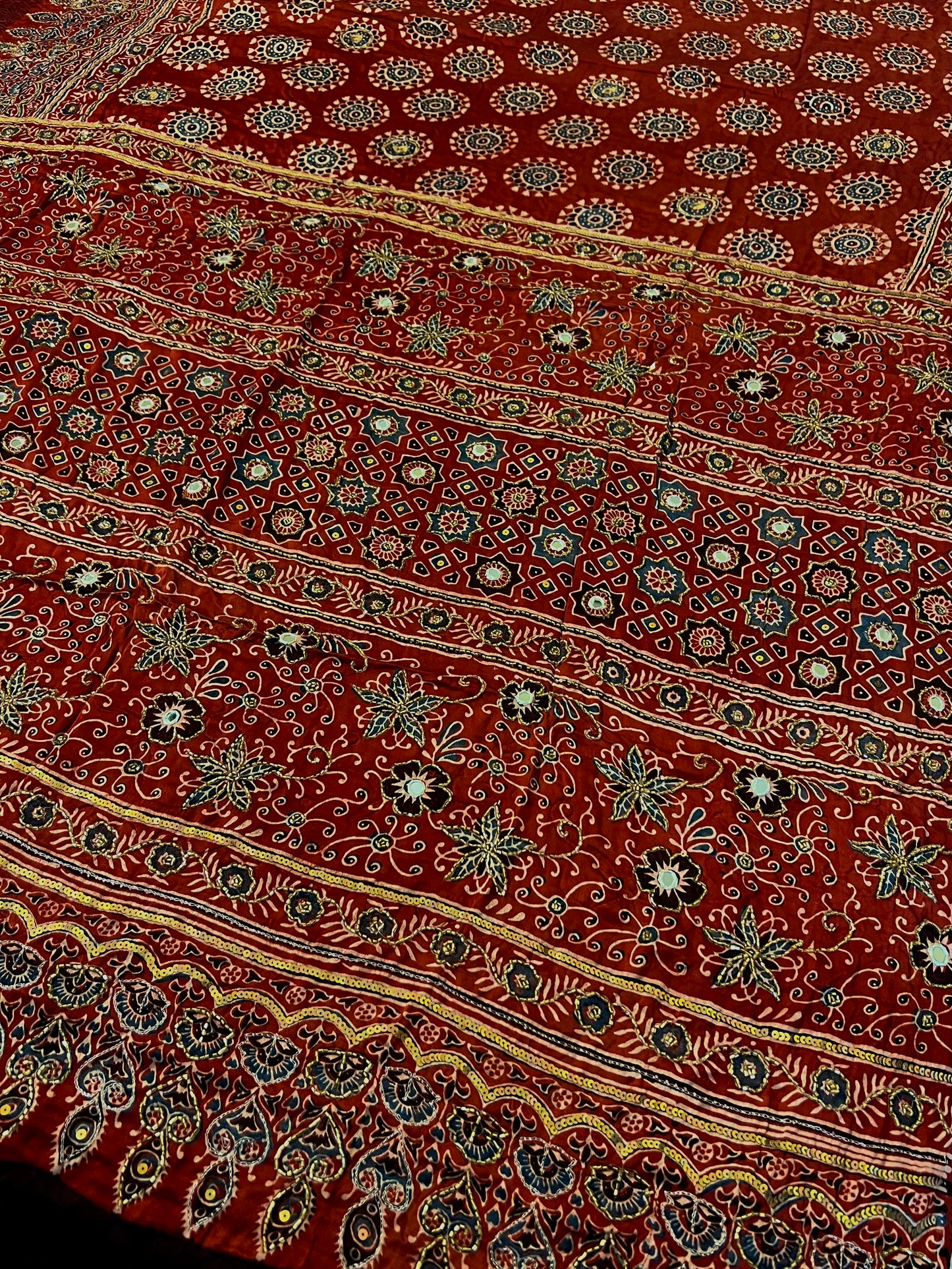 GARNET BLOOM - Pure Modal Ajrakh Hand Embroidered Saree