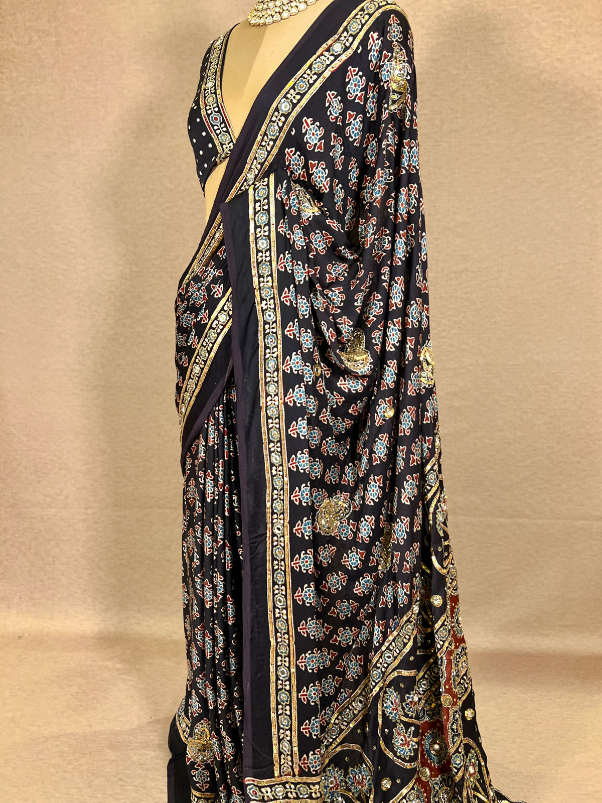 SPARKLE BLOOM - Pure Modal Ajrakh Hand Embroidered Saree