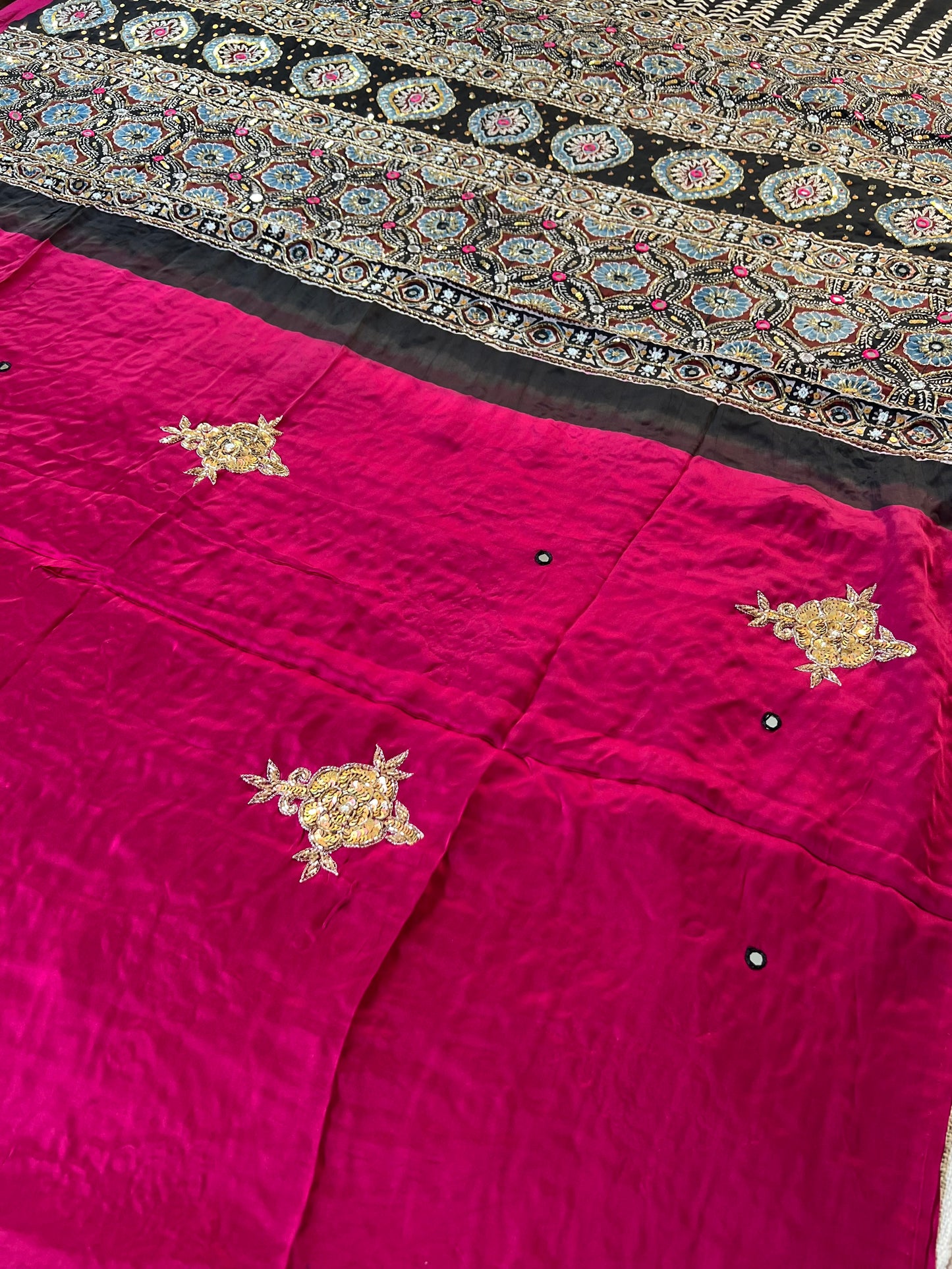 RANI ROSE - Pure Modal Ajrakh Hand Embroidered Saree