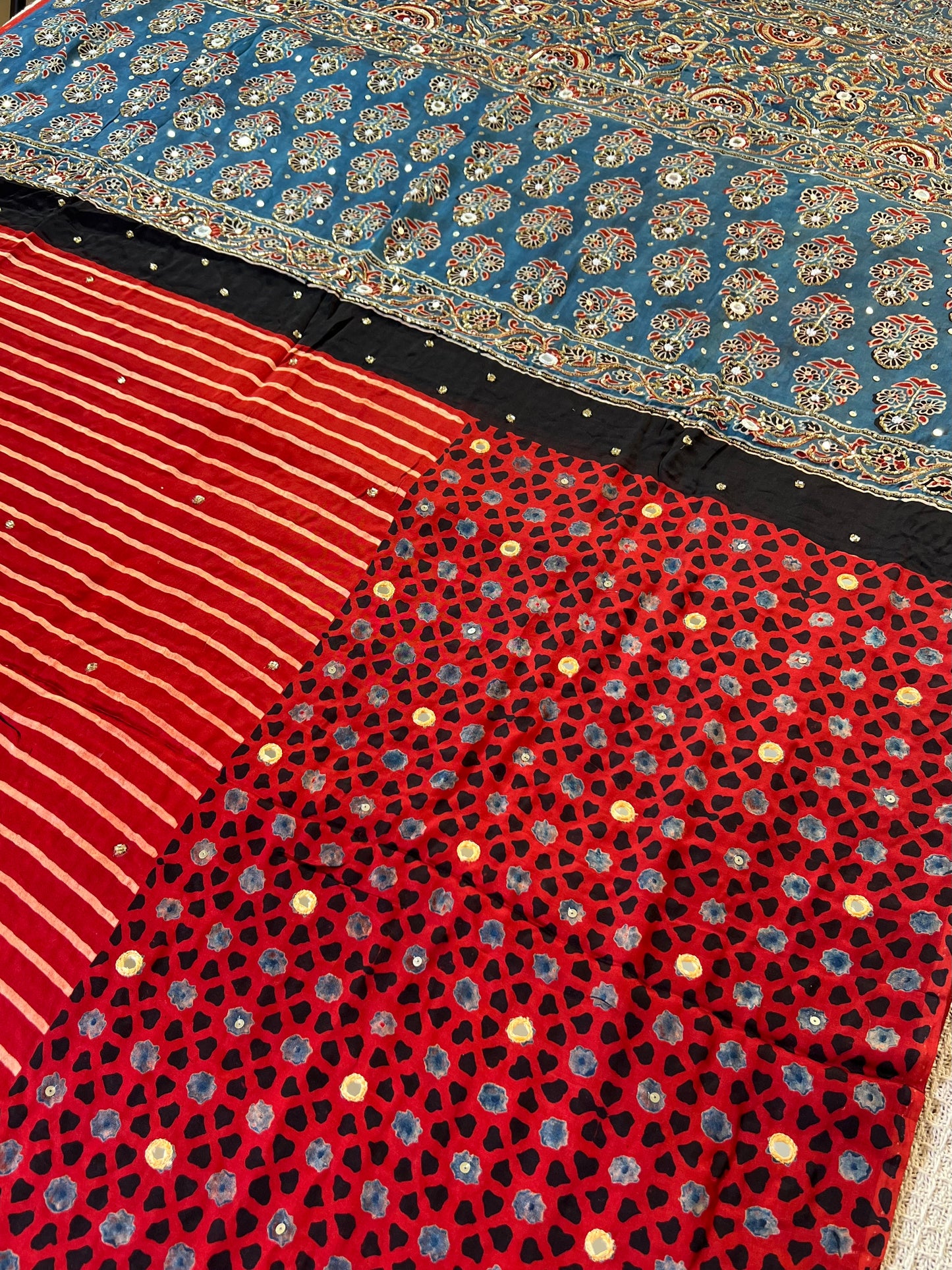 VERMILLION TIDE - Pure Modal Ajrakh Hand Embroidered Saree