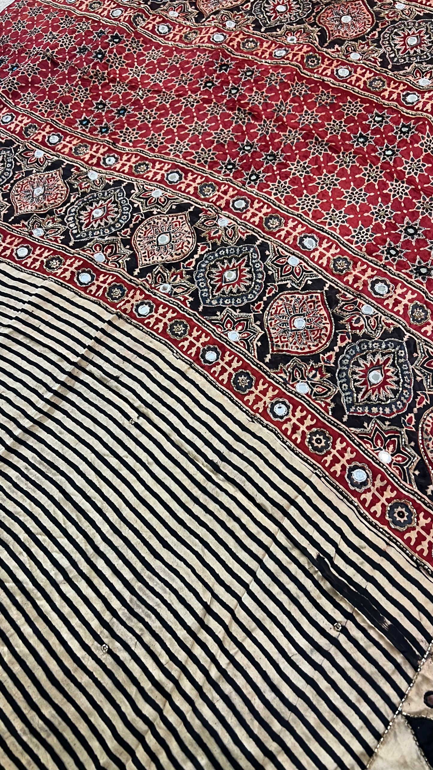 Cream and Black Striped Modal Ajrakh Hand Embroidered Saree with Red and Black Motifs