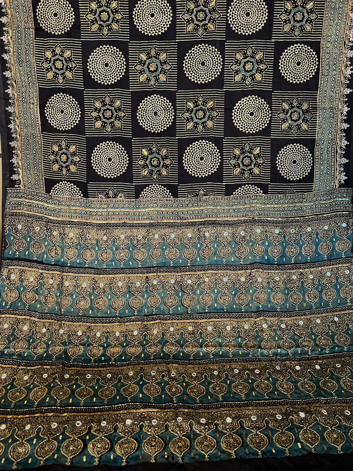 SMOKEY LAGOON - Pure Modal Ajrakh Hand Embroidered Saree