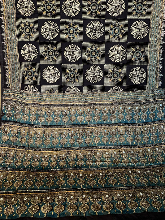 SMOKEY LAGOON - Pure Modal Ajrakh Hand Embroidered Saree