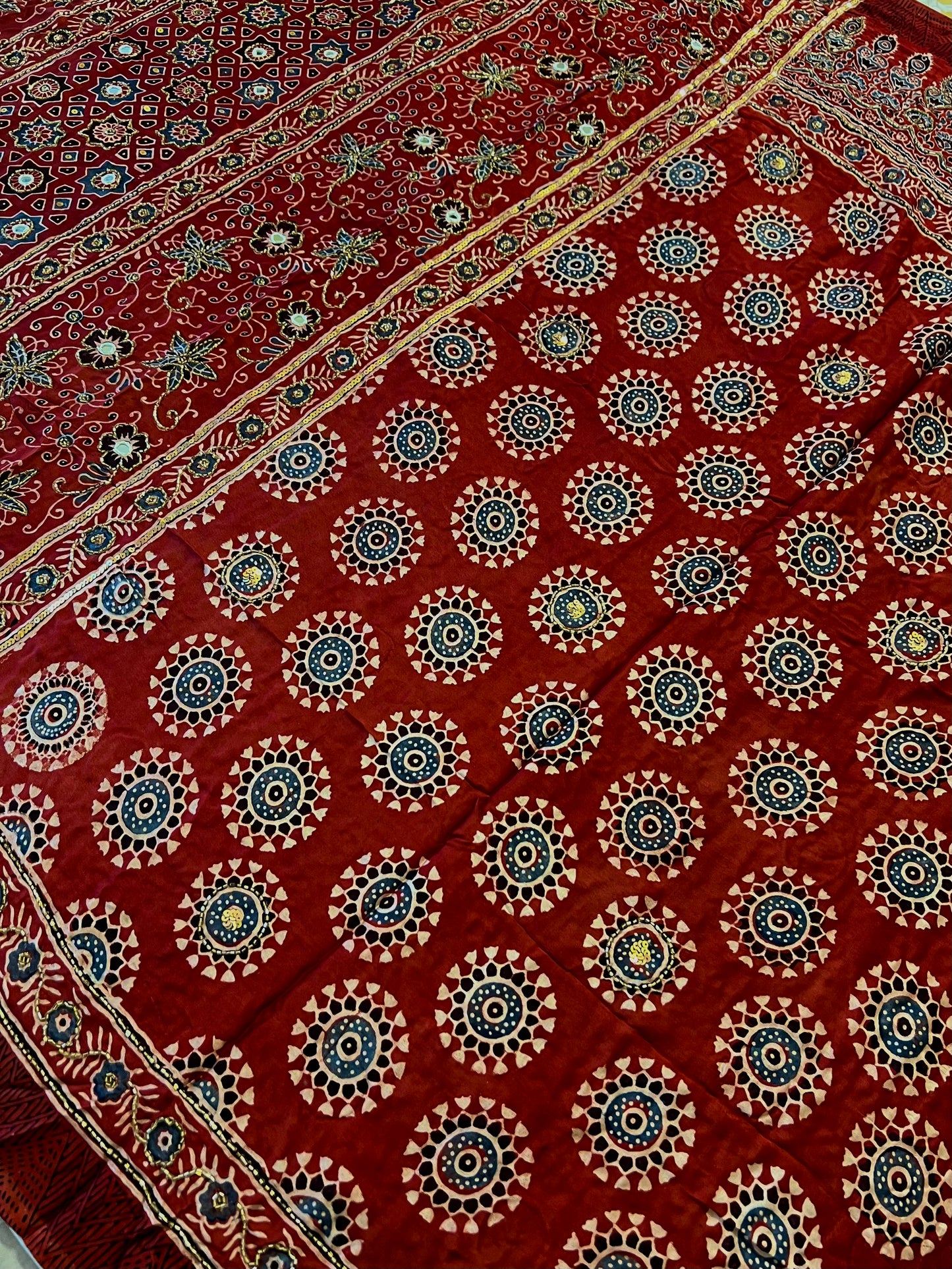GARNET BLOOM - Pure Modal Ajrakh Hand Embroidered Saree
