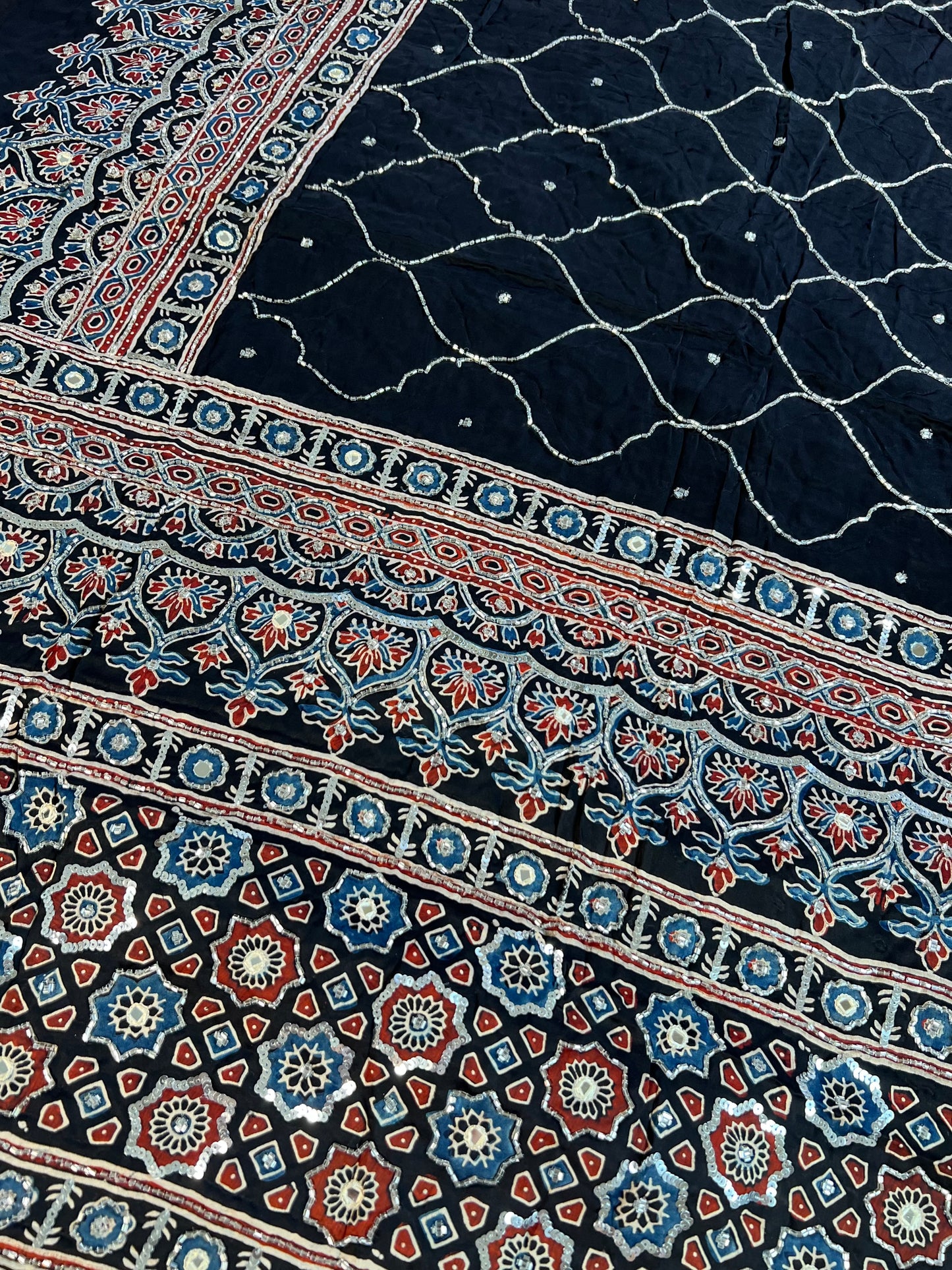 BLACK DAHLIA - Pure Modal Ajrakh Hand Embroidered Saree