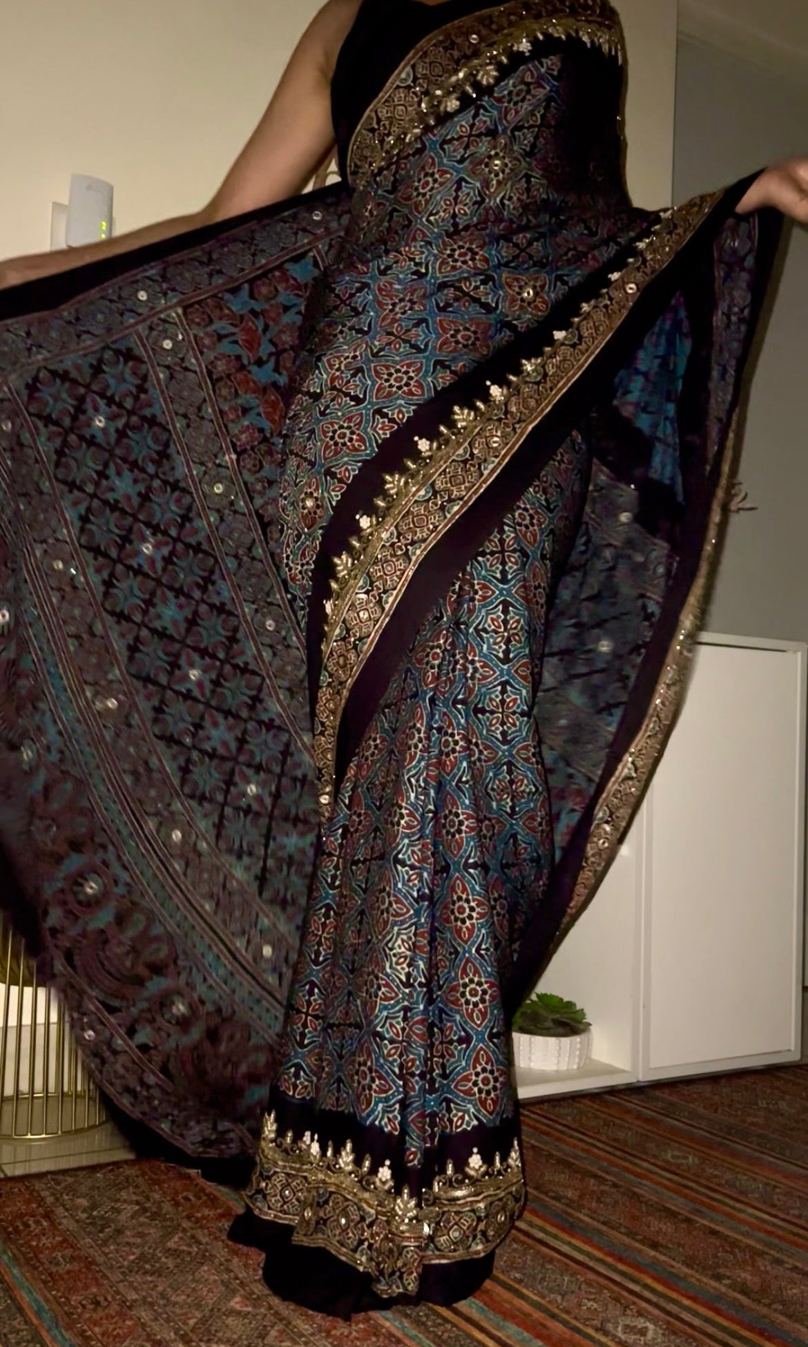 Regal Petals - Pure Modal Ajrakh Hand Embroidered Saree