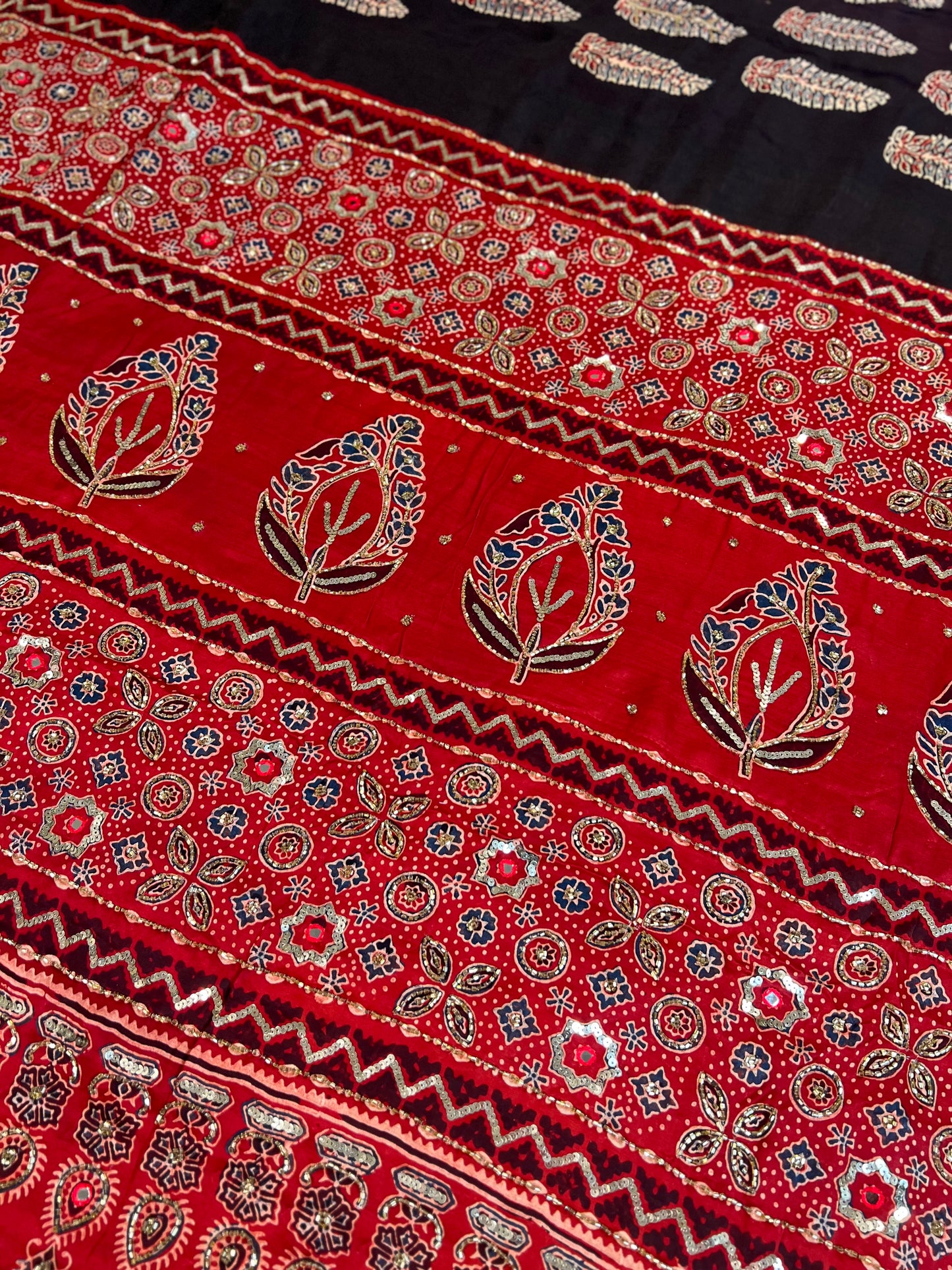 CRIMSON ECLIPSE - Pure Modal Ajrakh Hand Embroidered Saree