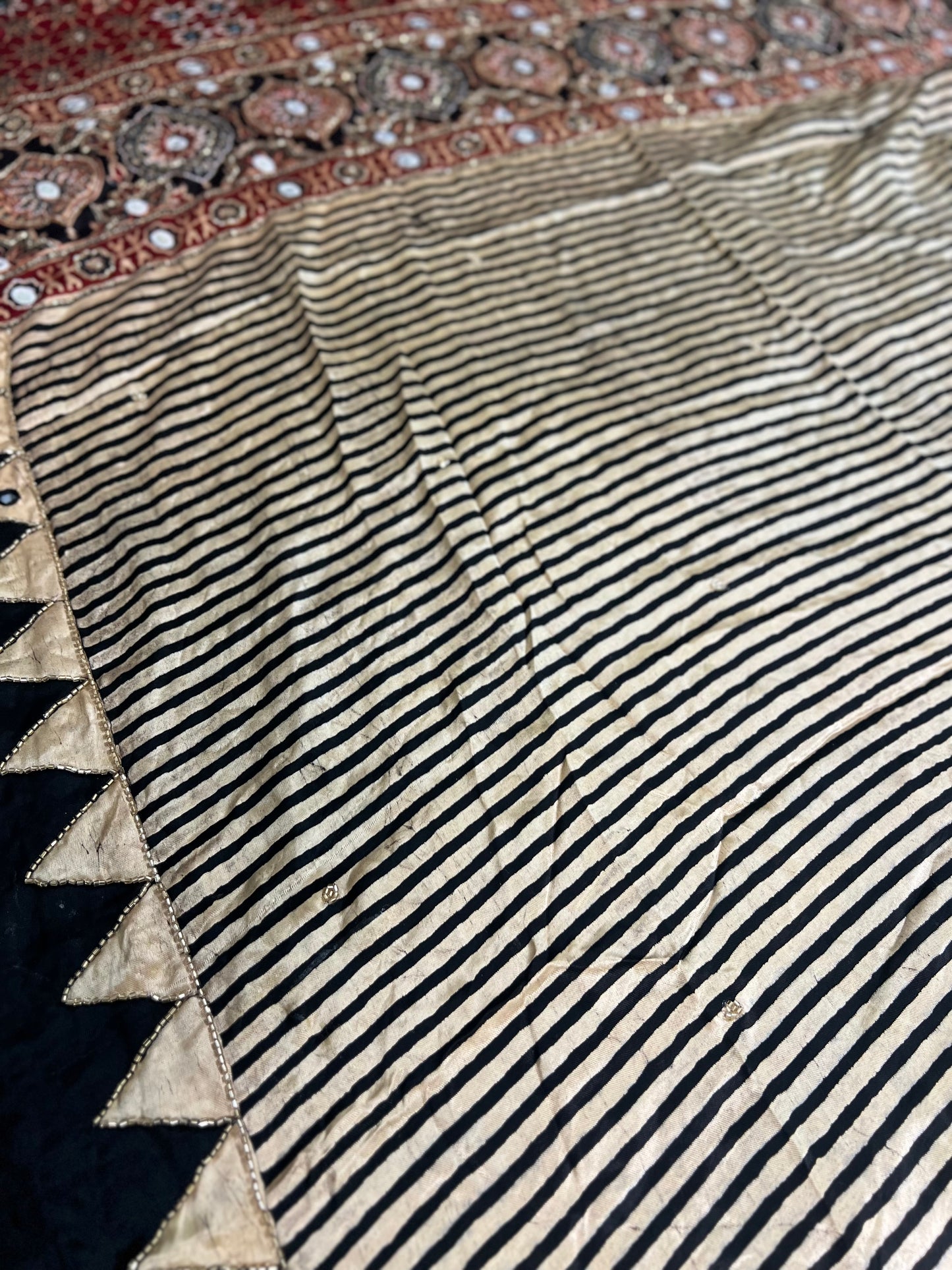 Cream and Black Striped Modal Ajrakh Hand Embroidered Saree with Red and Black Motifs