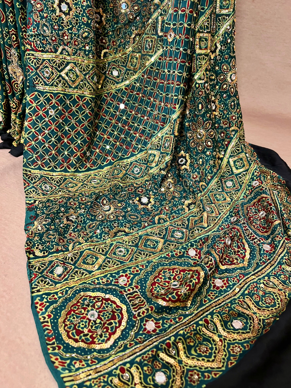 GLITTER ALLURE - Pure Modal Ajrakh Hand Embroidered Saree