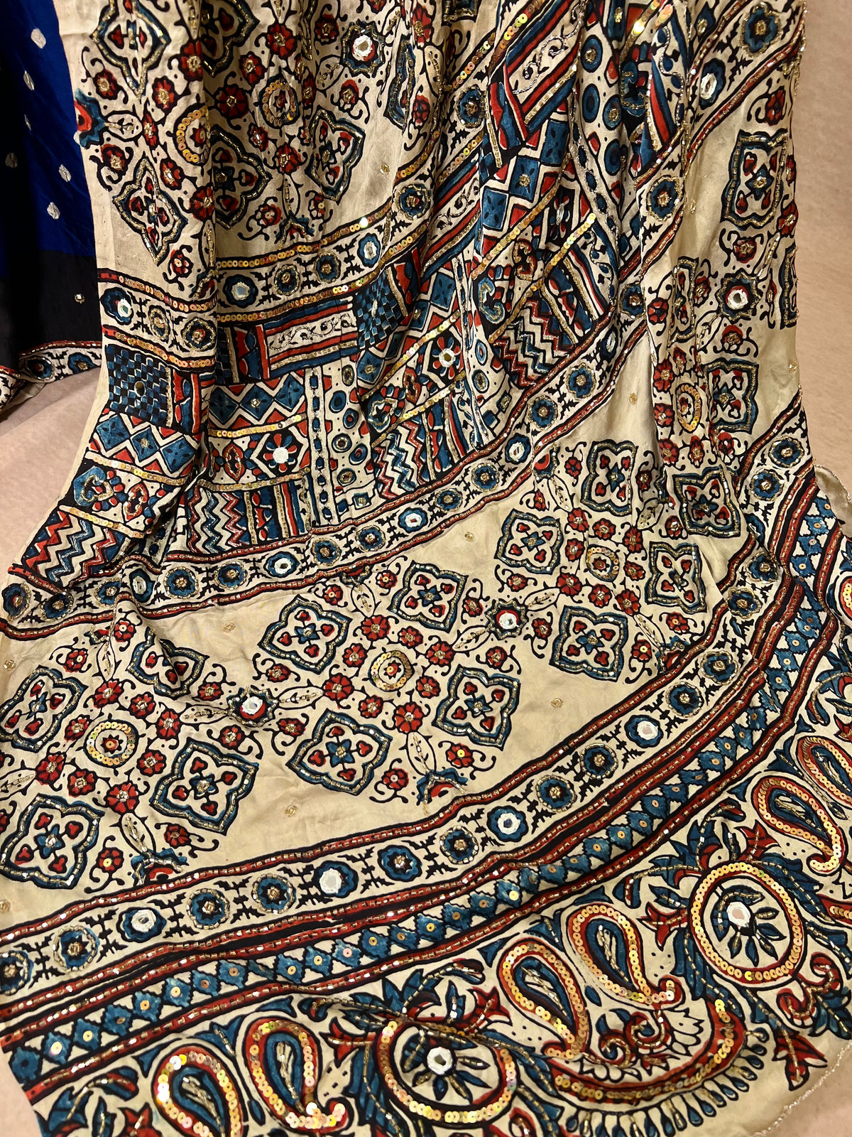 BLUE GRANDUER - Pure Modal Bandhani Ajrakh Hand Embroidered Saree