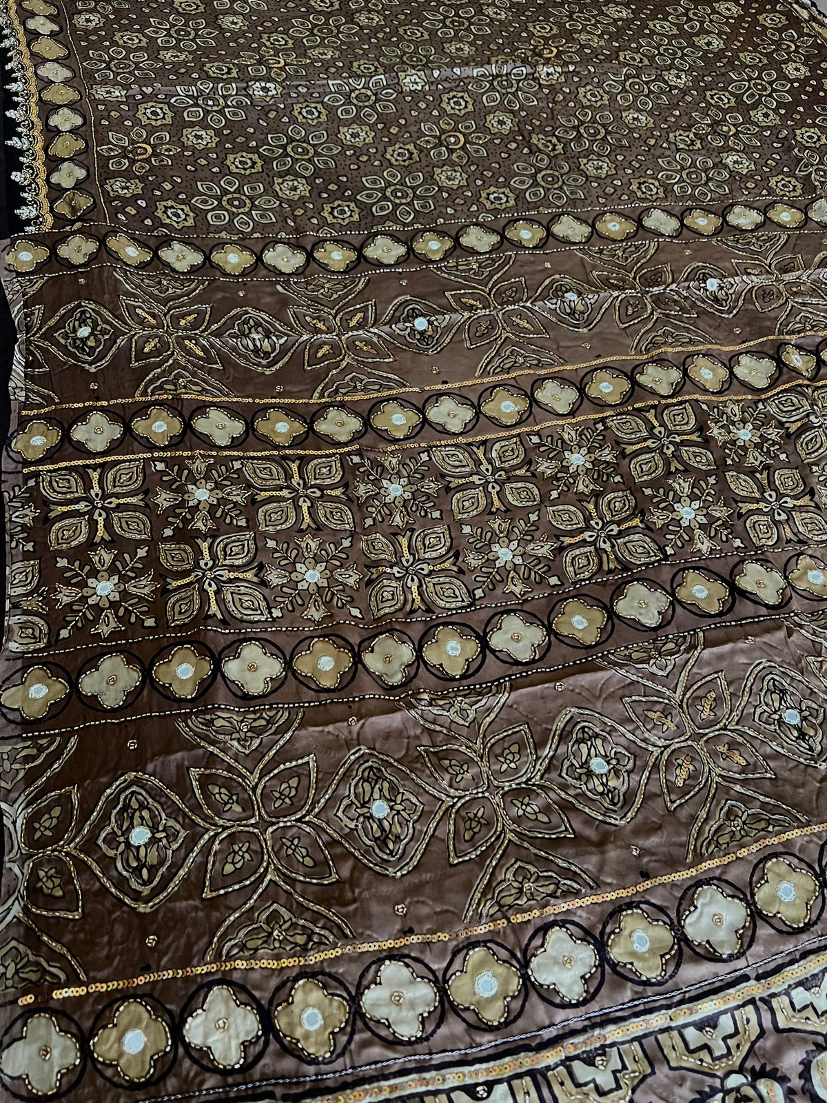 MOCHA BLOOM - Pure Modal Ajrakh Hand Embroidered Saree