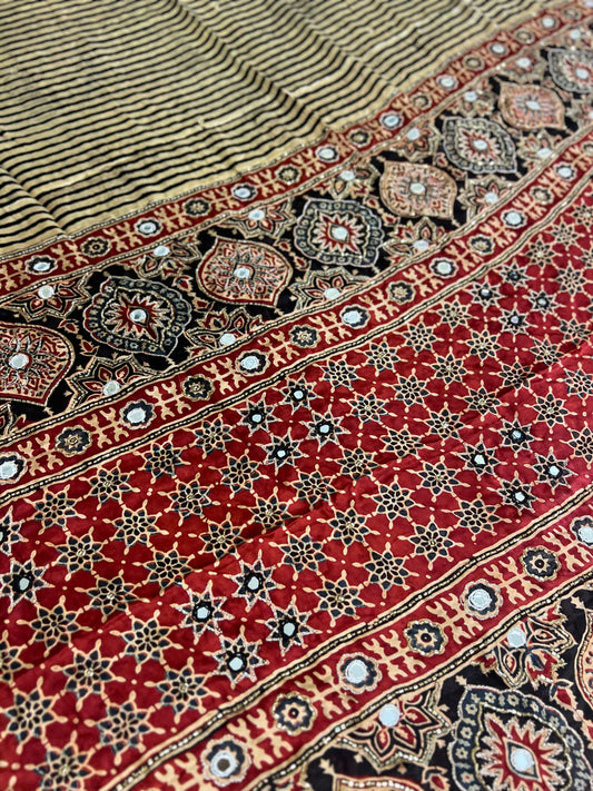 Cream and Black Striped Modal Ajrakh Hand Embroidered Saree with Red and Black Motifs