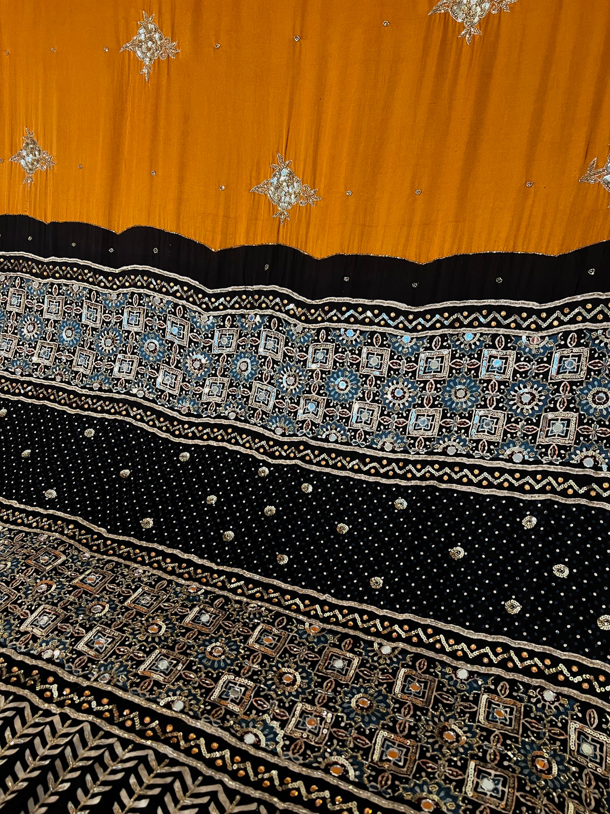 GOLDEN ROSE - Pure Modal Ajrakh Hand Embroidered Saree