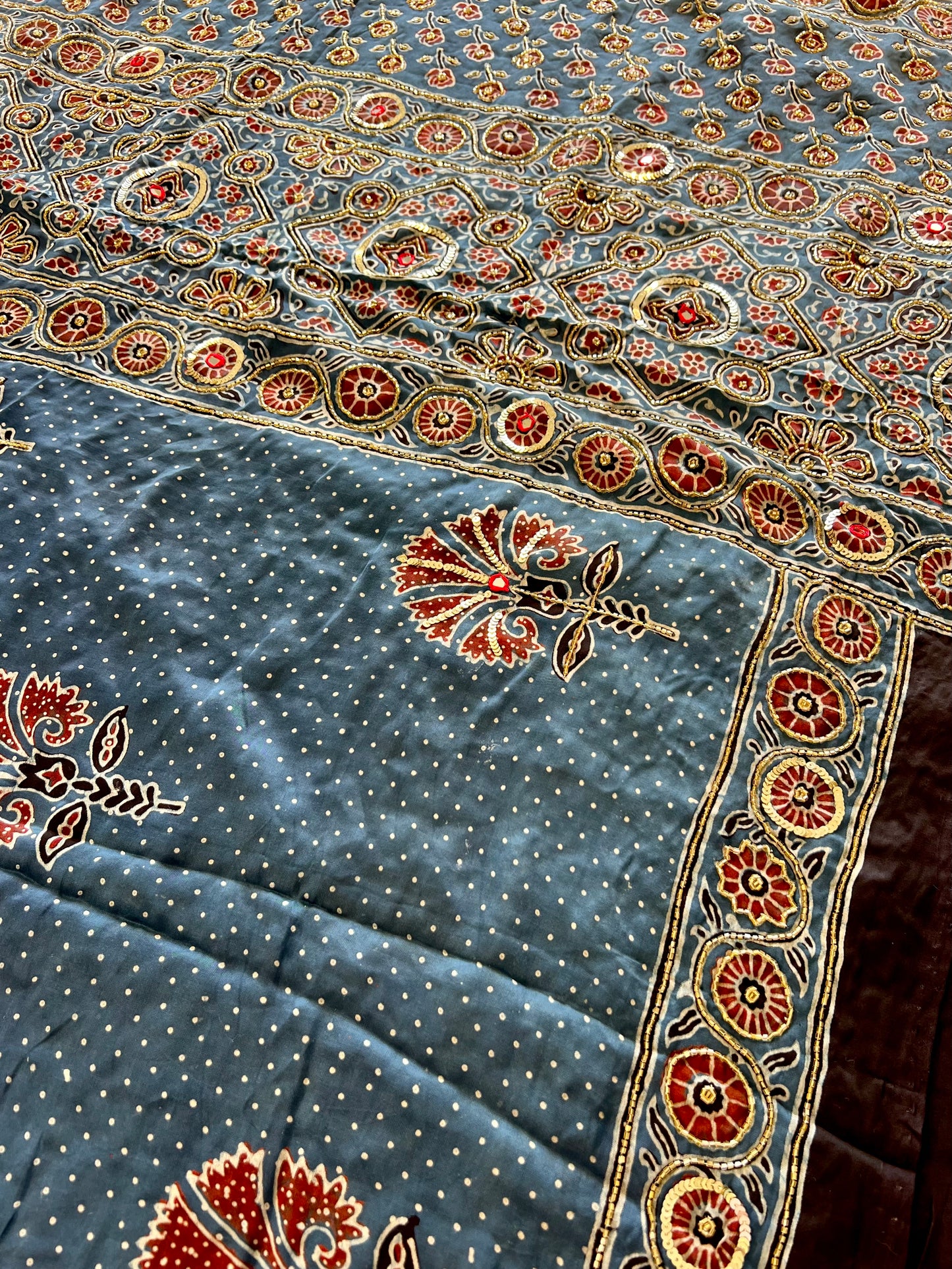 Royal Blossom - Pure Modal Ajrakh Hand Embroidered Saree