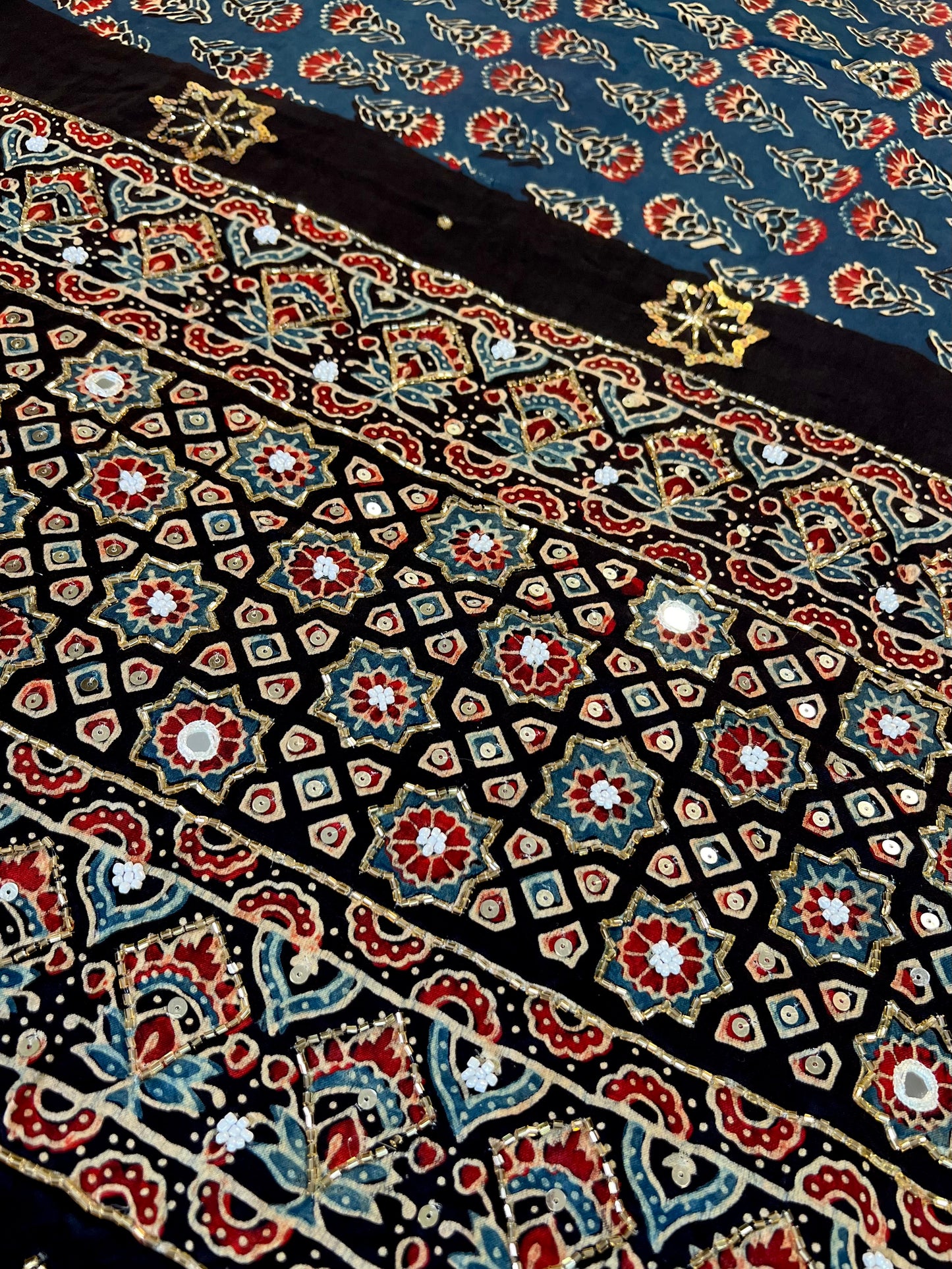 MIDNIGHT FLORAL - Pure Modal Ajrakh Hand Embroidered Saree