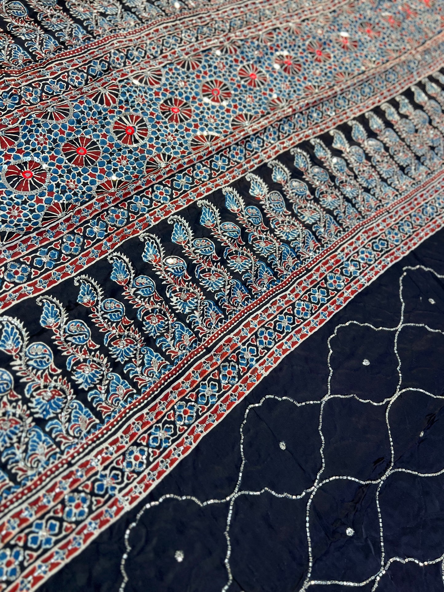 MIDNIGHT IVY - Pure Modal Ajrakh Hand Embroidered Saree