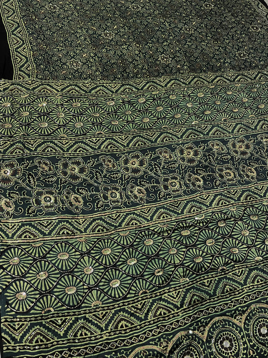 FOREST BLOOM - Pure Modal Ajrakh Hand Embroidered Saree