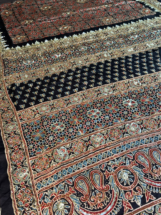 Earthy floral - Pure Modal Ajrakh Hand Embroidered Saree