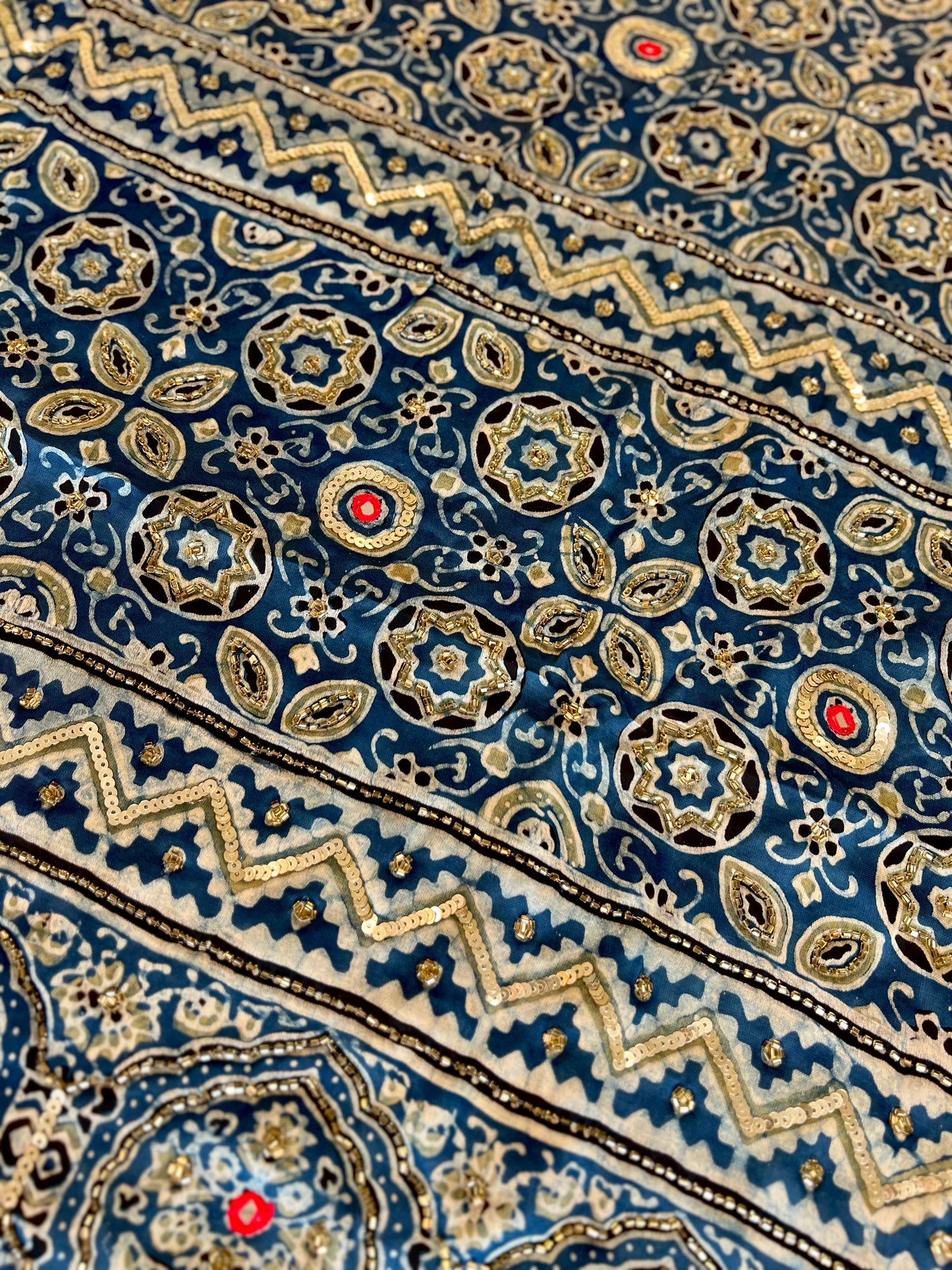 INDIGO LUMIÈRE - Pure Modal Ajrakh Hand Embroidered Saree