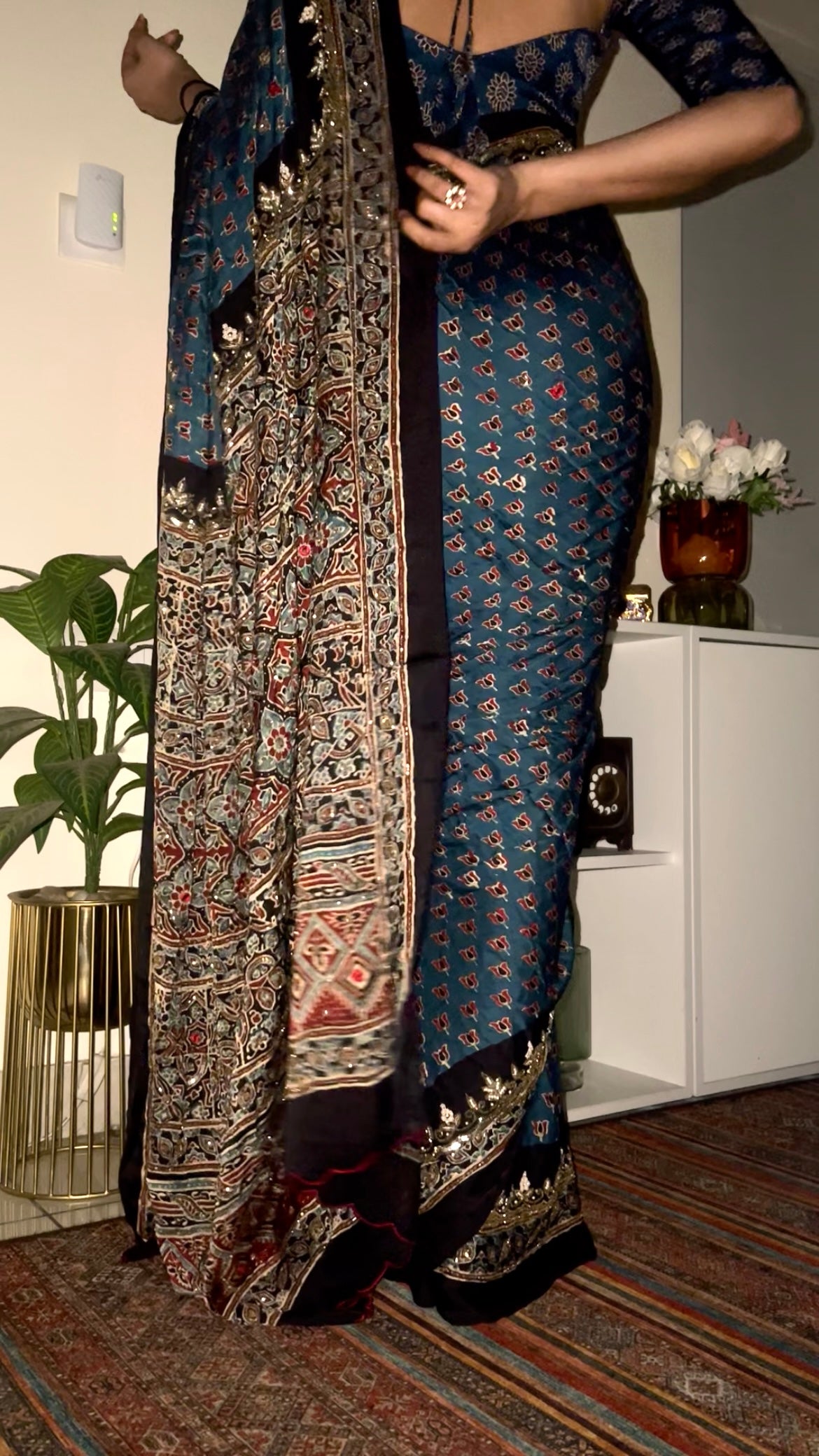 BLUE MEADOW - Pure Modal Ajrakh Hand Embroidered Saree