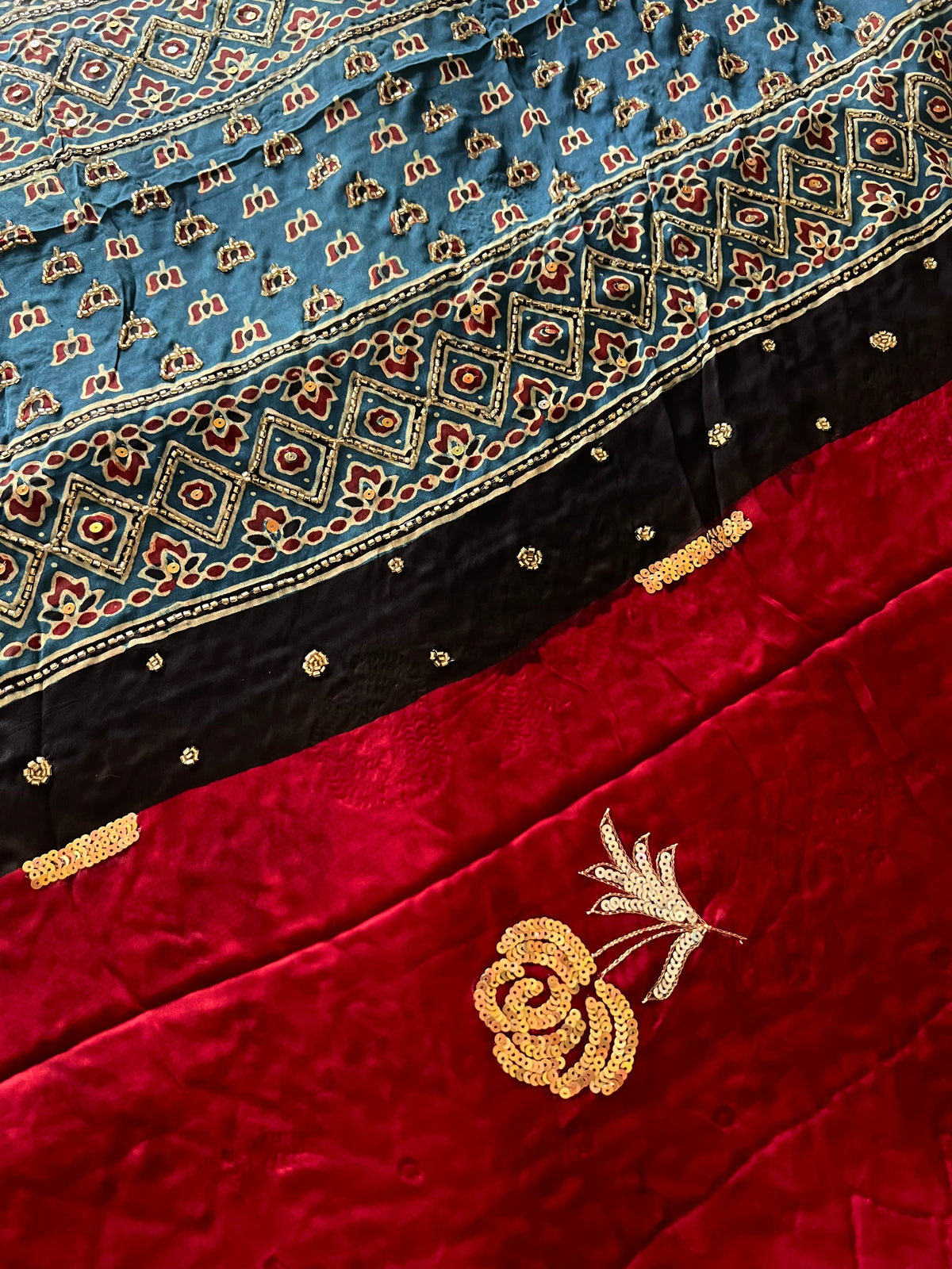 DREAM ROSE - Pure Modal Ajrakh Hand Embroidered Saree
