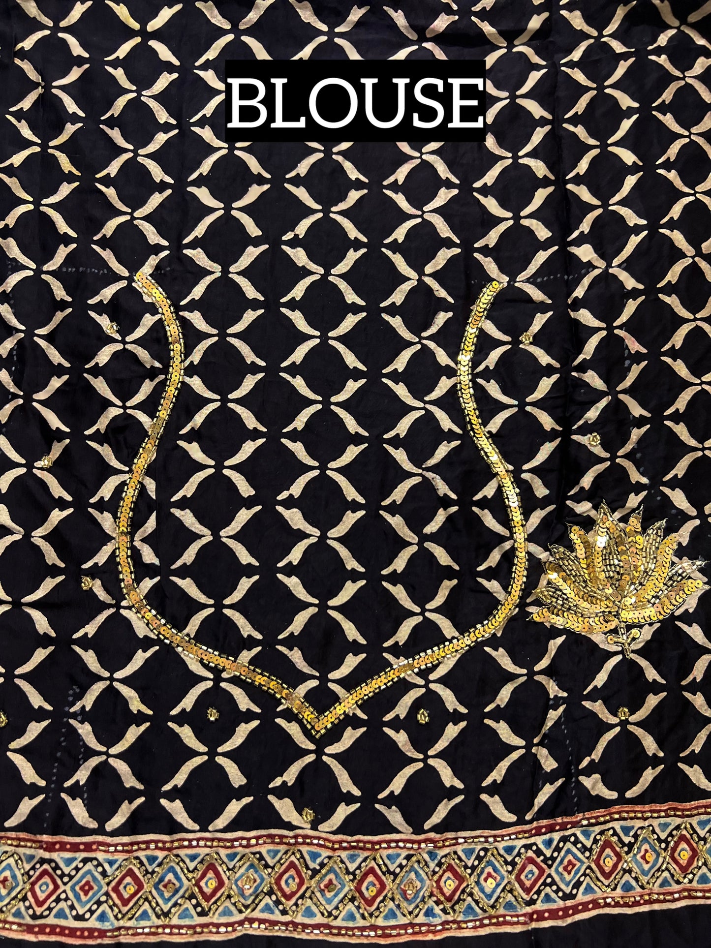 COSMIC LOTUS - Pure Modal Ajrakh Hand Embroidered Saree