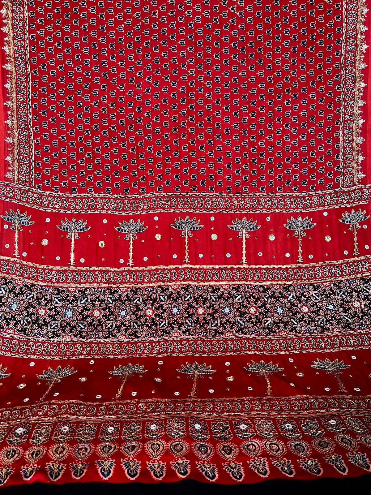 CRIMSON BLOSSOM - Pure Modal Ajrakh Hand Embroidered Saree