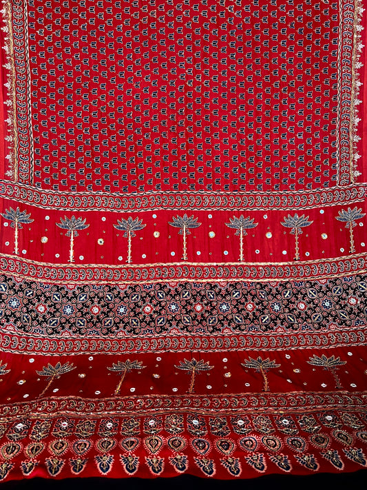 CRIMSON BLOSSOM - Pure Modal Ajrakh Hand Embroidered Saree