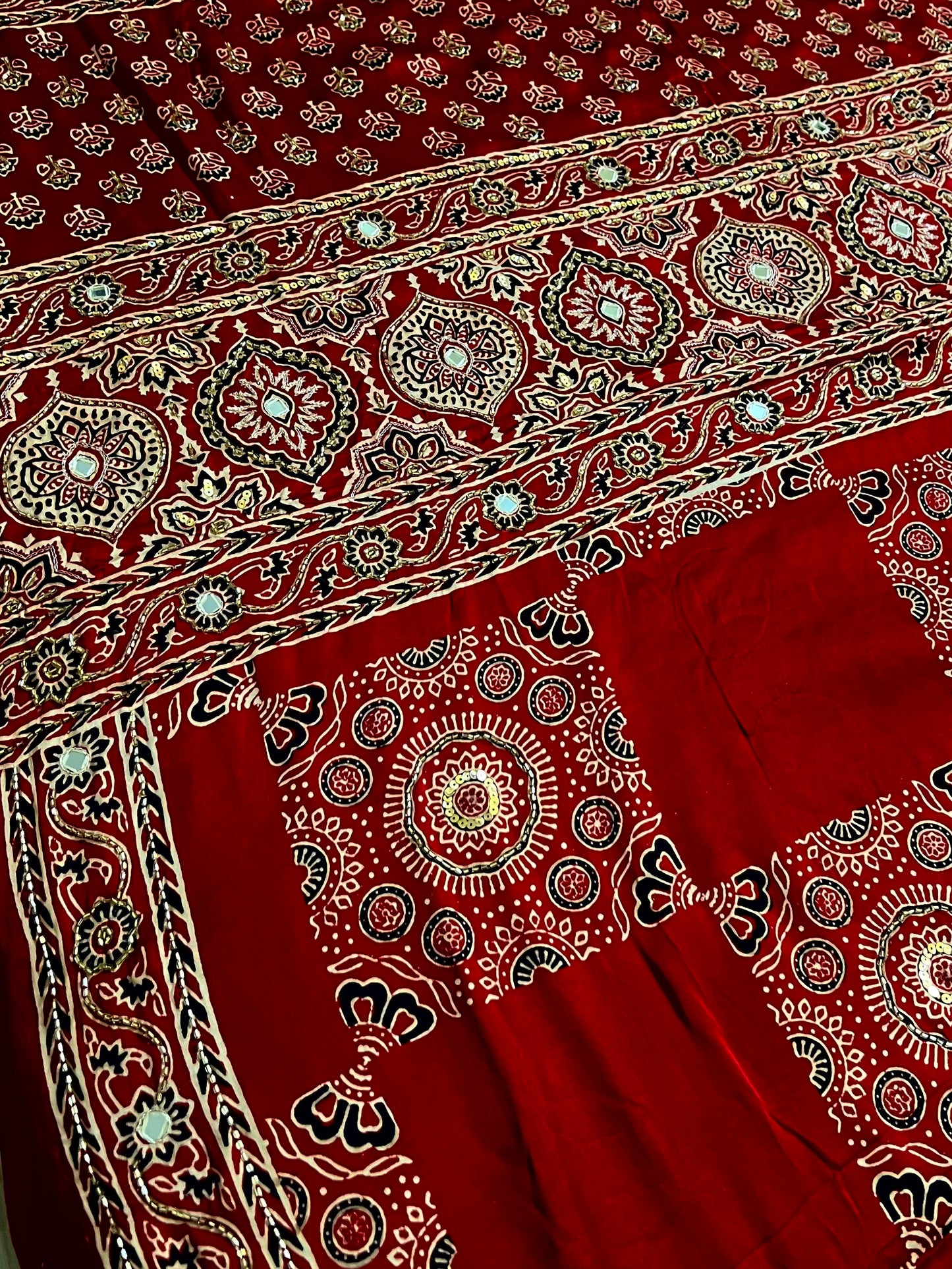 SCARLET DREAMS - Pure Modal Ajrakh Hand Embroidered Saree