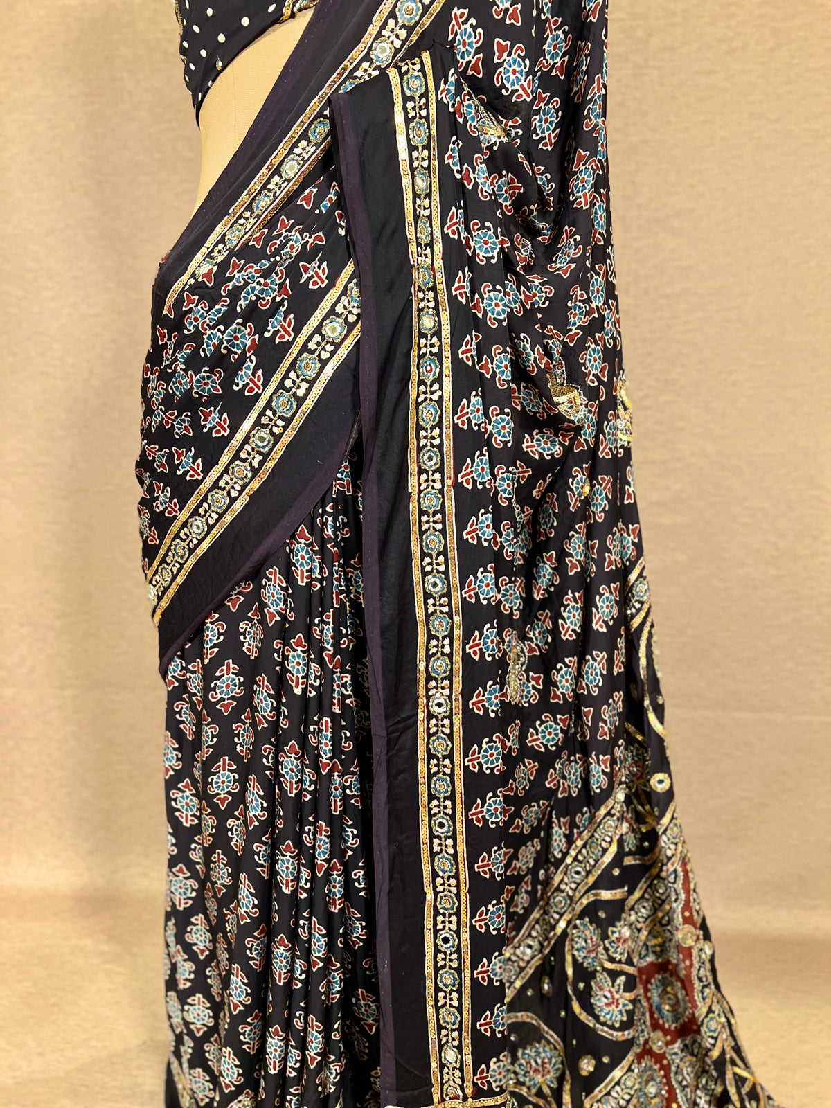 SPARKLE BLOOM - Pure Modal Ajrakh Hand Embroidered Saree