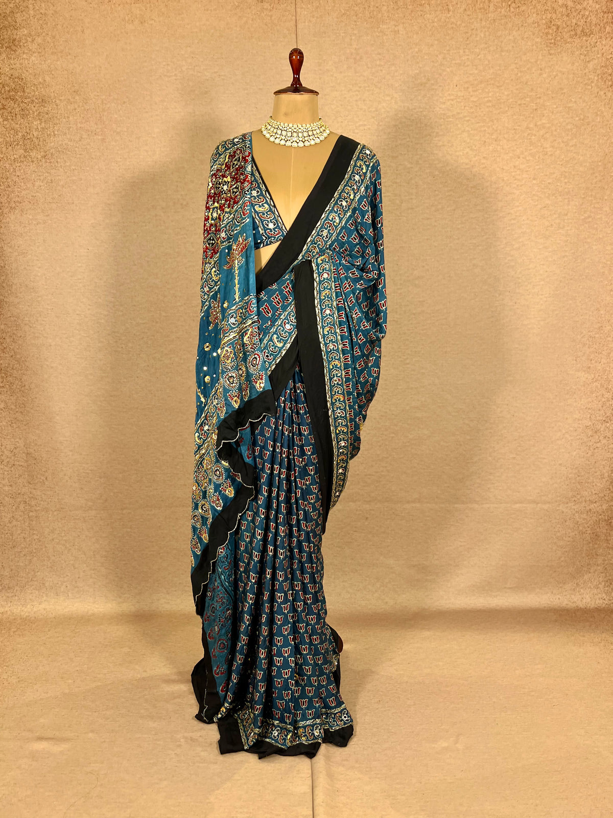DIVINE SPARKLE - Pure Modal Ajrakh Hand Embroidered Saree